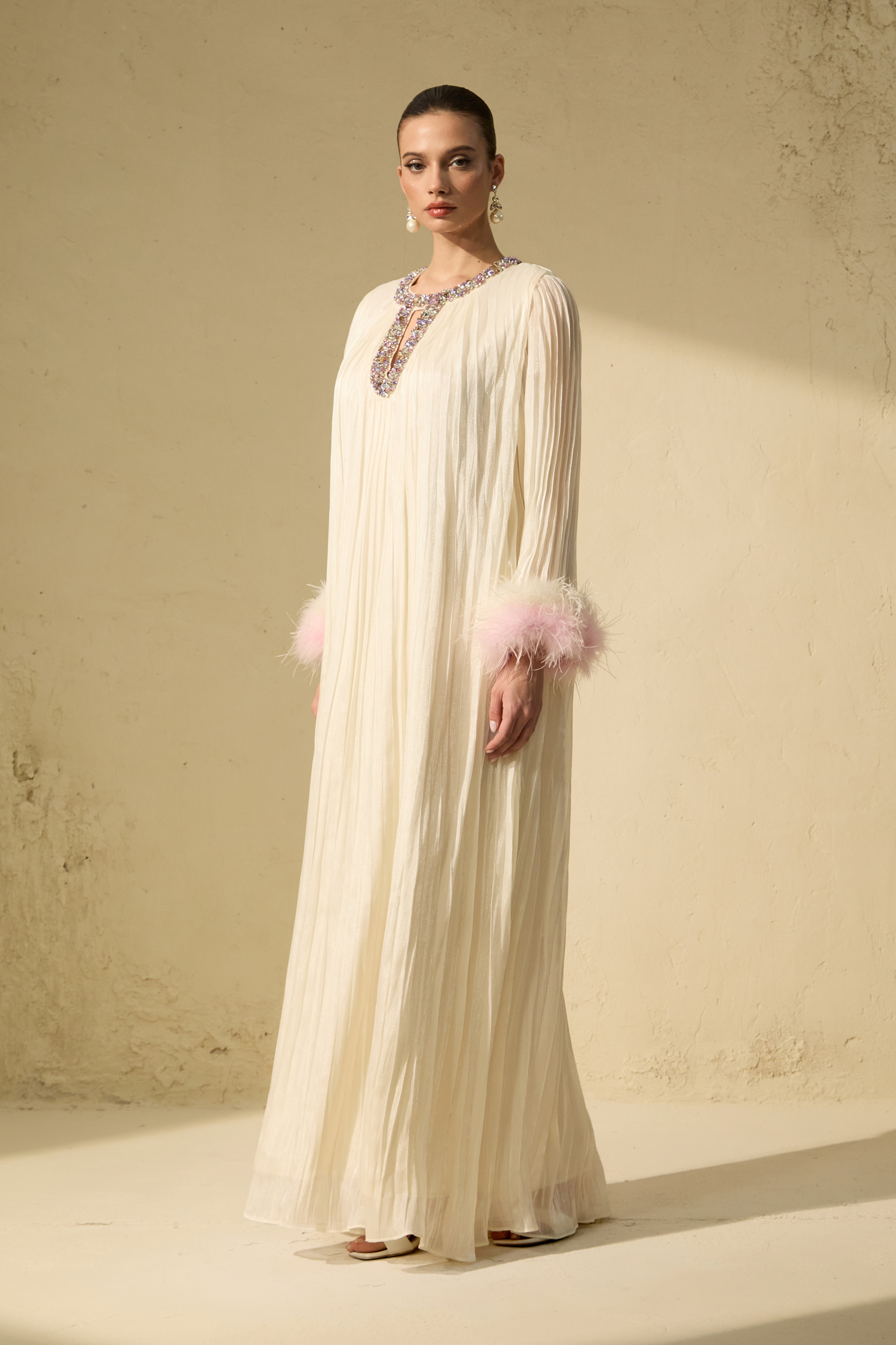Let There Be Romance Pink Feather Cuff Pleated Maxi Dress