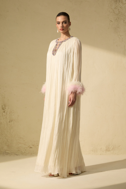 Let There Be Romance Pink Feather Cuff Pleated Maxi Dress