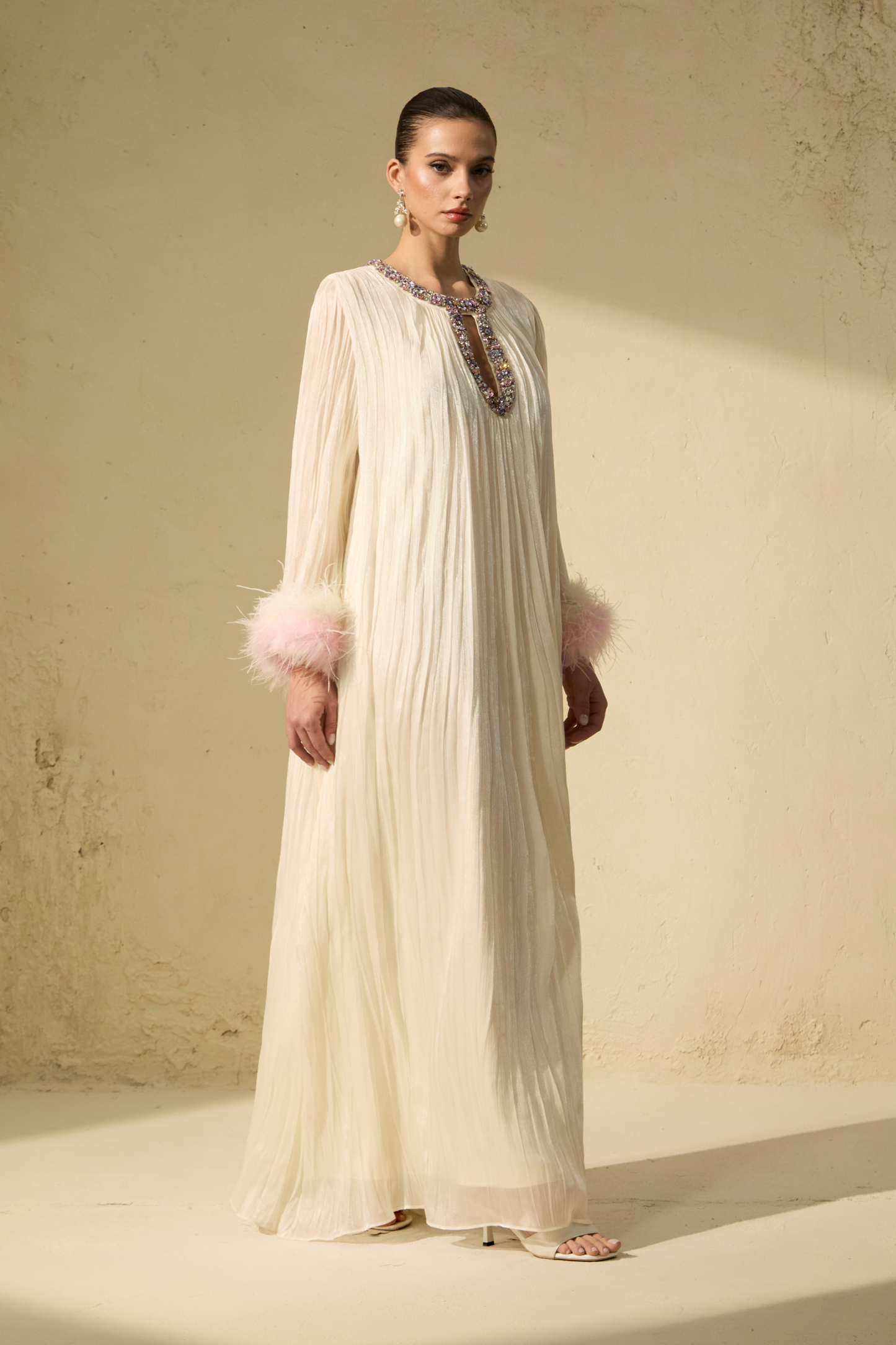 Let There Be Romance Pink Feather Cuff Pleated Maxi Dress