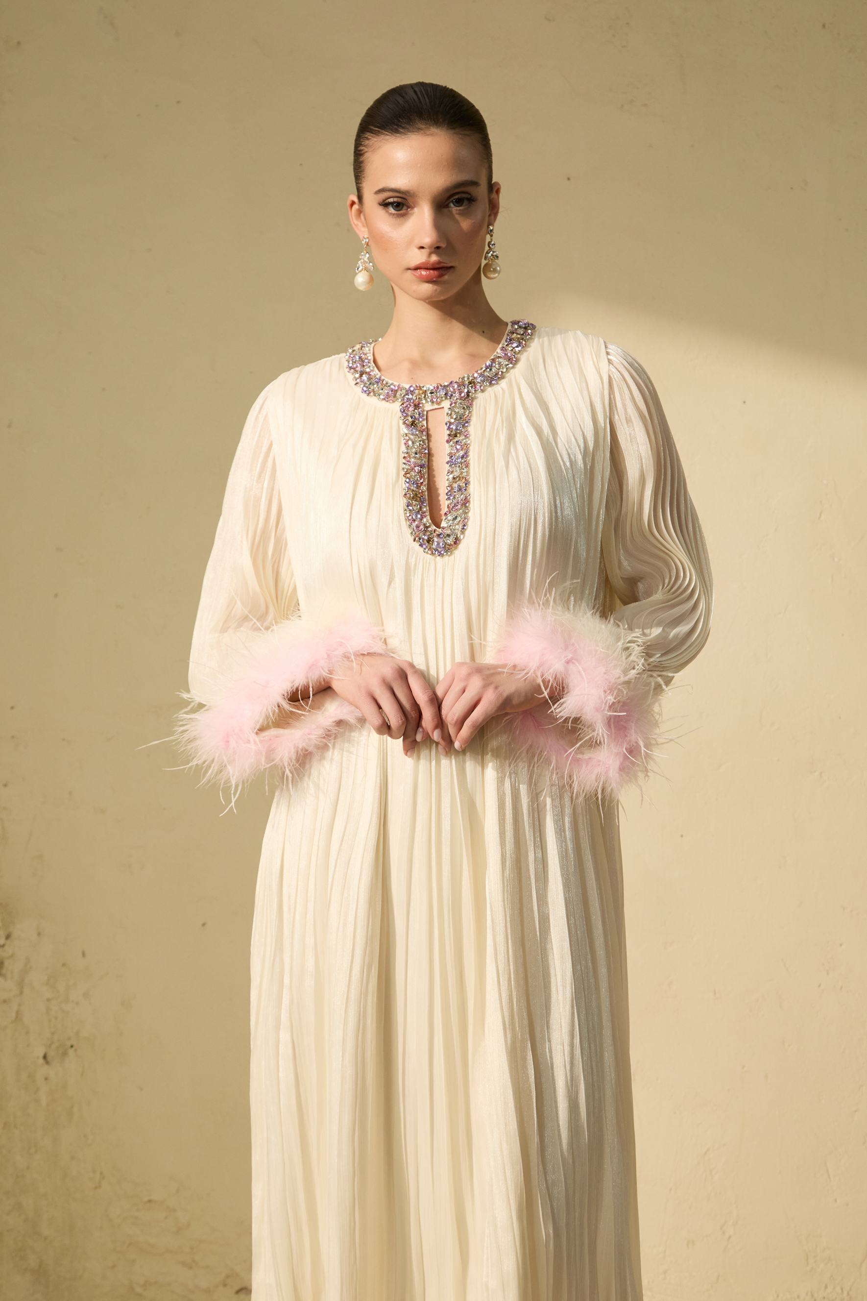Let There Be Romance Pink Feather Cuff Pleated Maxi Dress