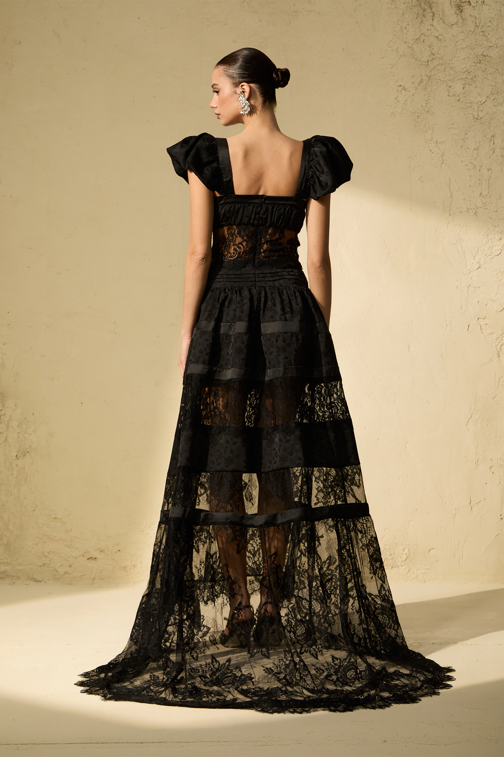 Luxury Mystical Black Puff Seeve Lace Panel Maxi Dress