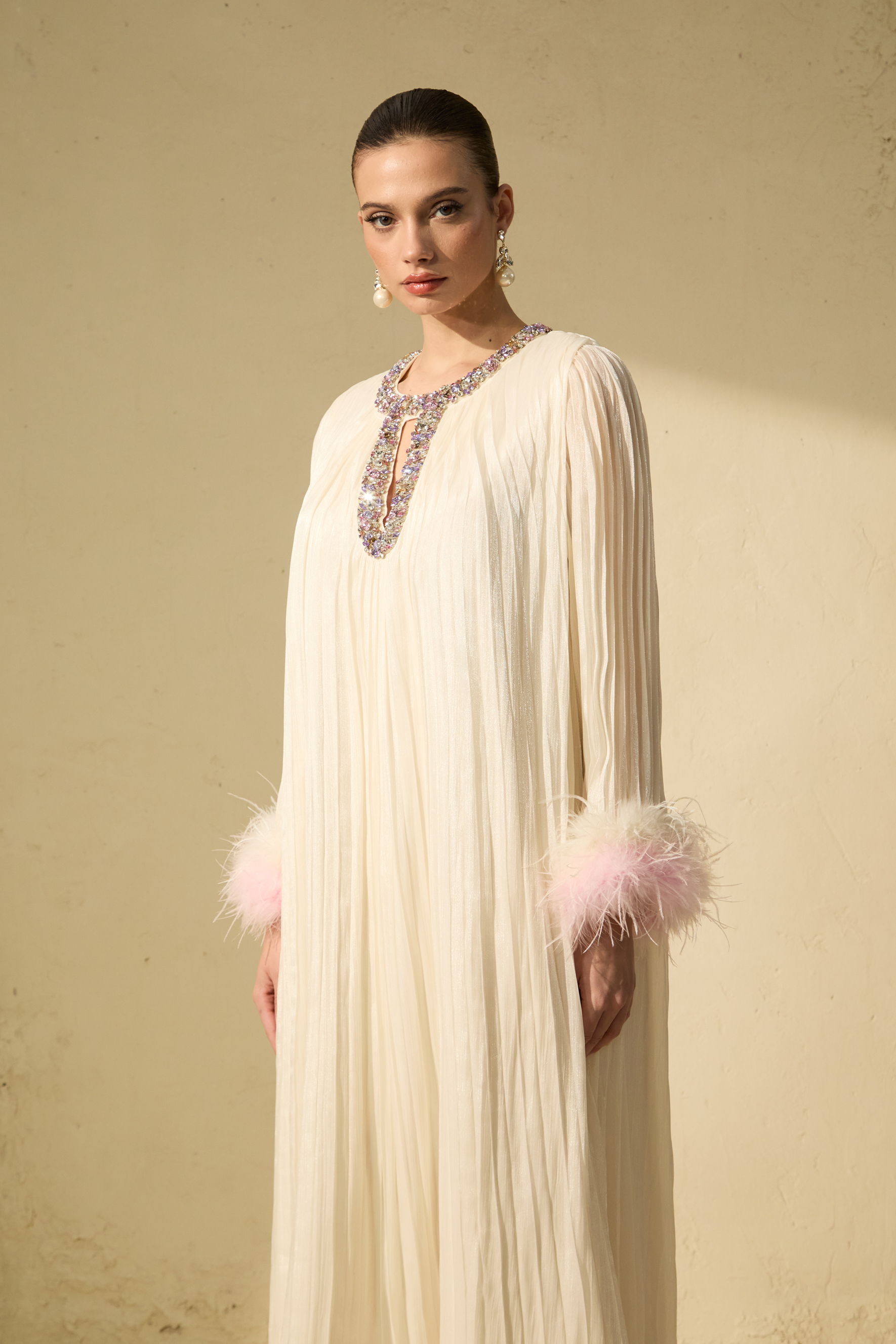 Let There Be Romance Pink Feather Cuff Pleated Maxi Dress