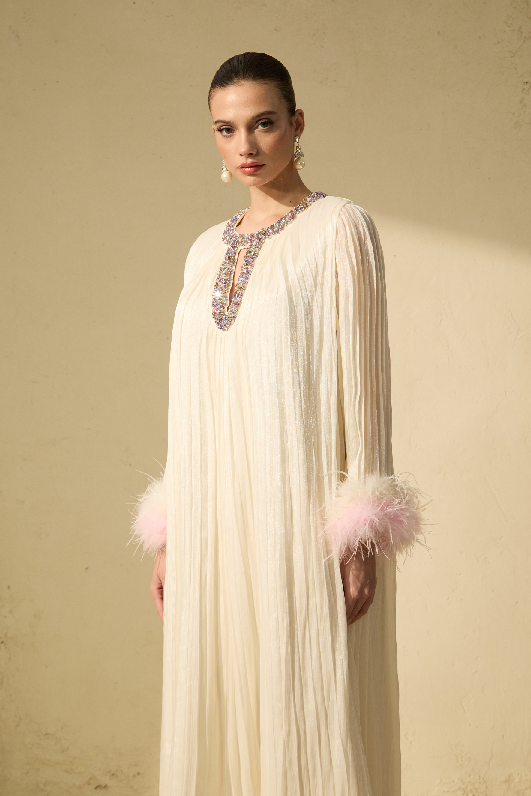 Let There Be Romance Pink Feather Cuff Pleated Maxi Dress