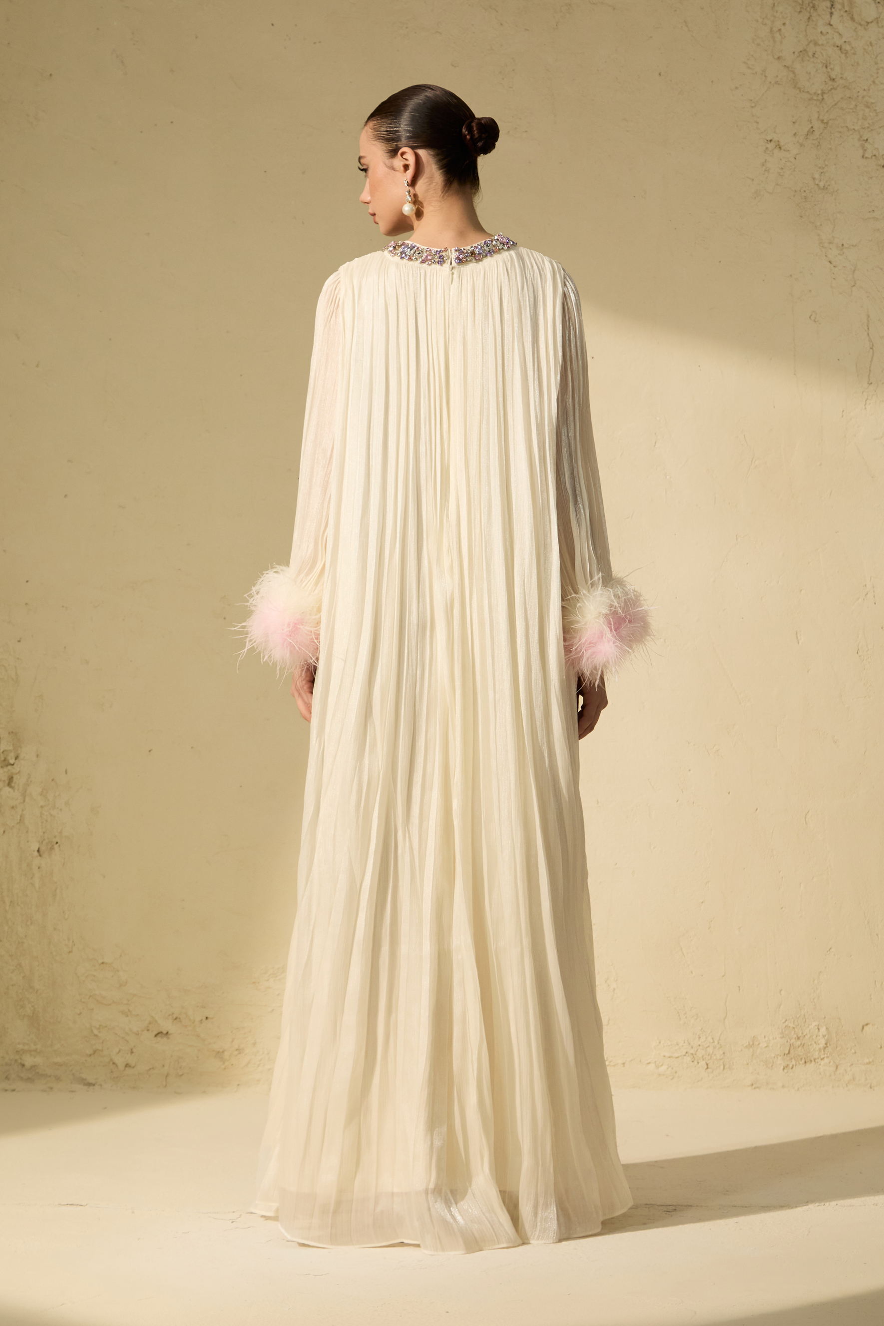 Let There Be Romance Pink Feather Cuff Pleated Maxi Dress