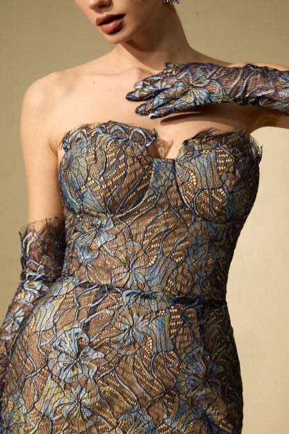 Sheer Fascination Blue Strapless Embroidered Lace Maxi Dress With Gloves