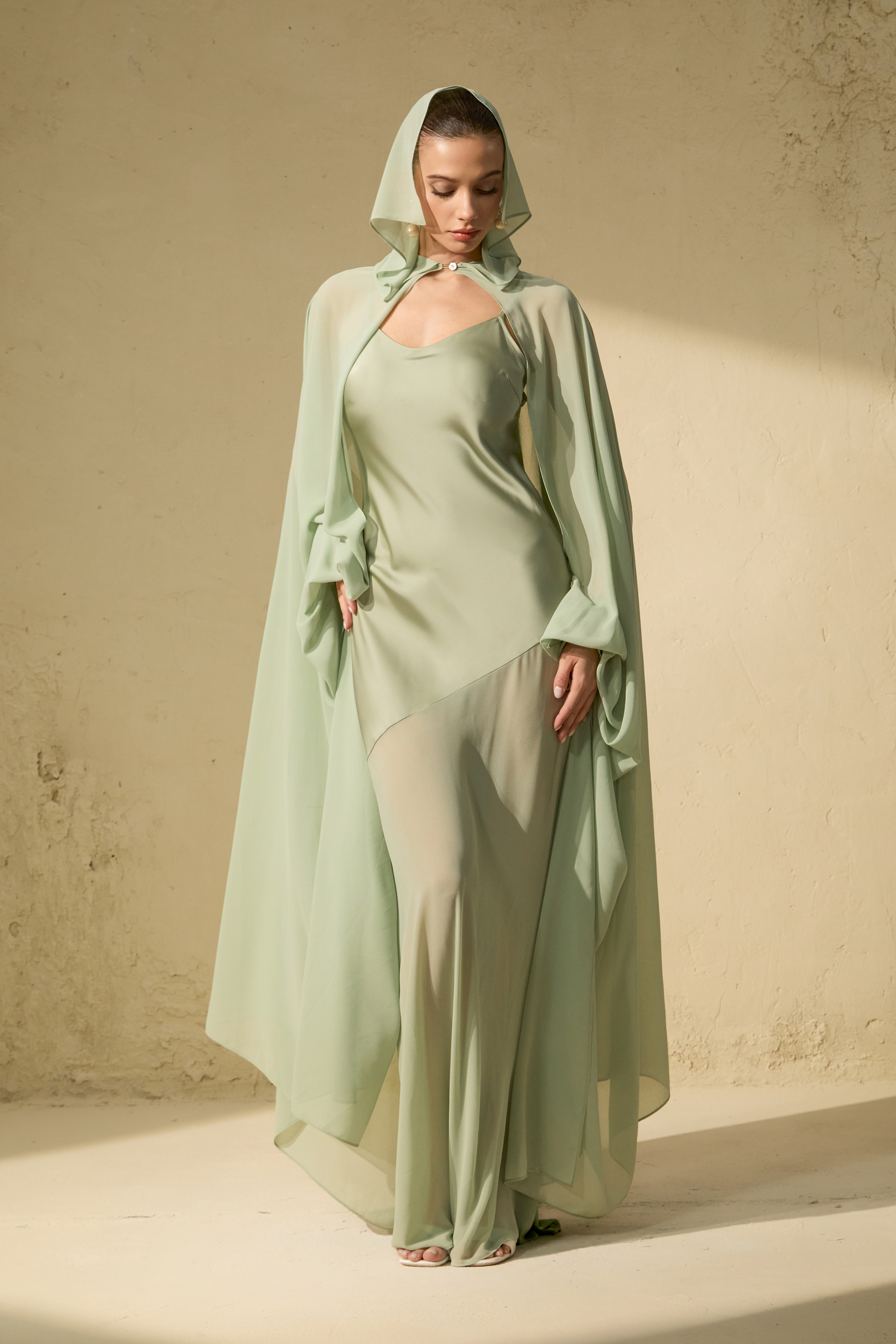 Stolen Kiss Green Chiffon Cape & Satin Slip Dress Set