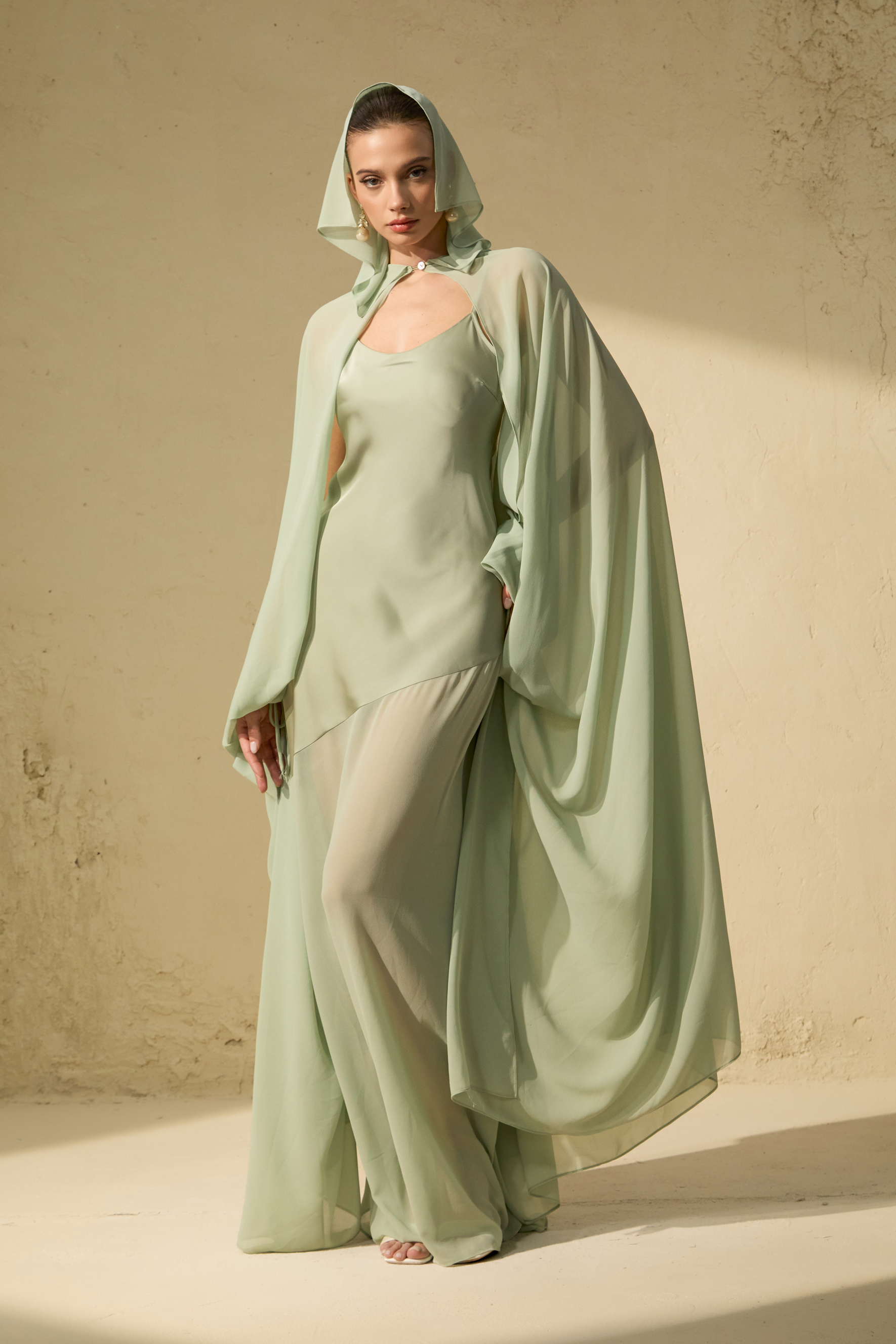 Stolen Kiss Green Chiffon Cape & Satin Slip Dress Set