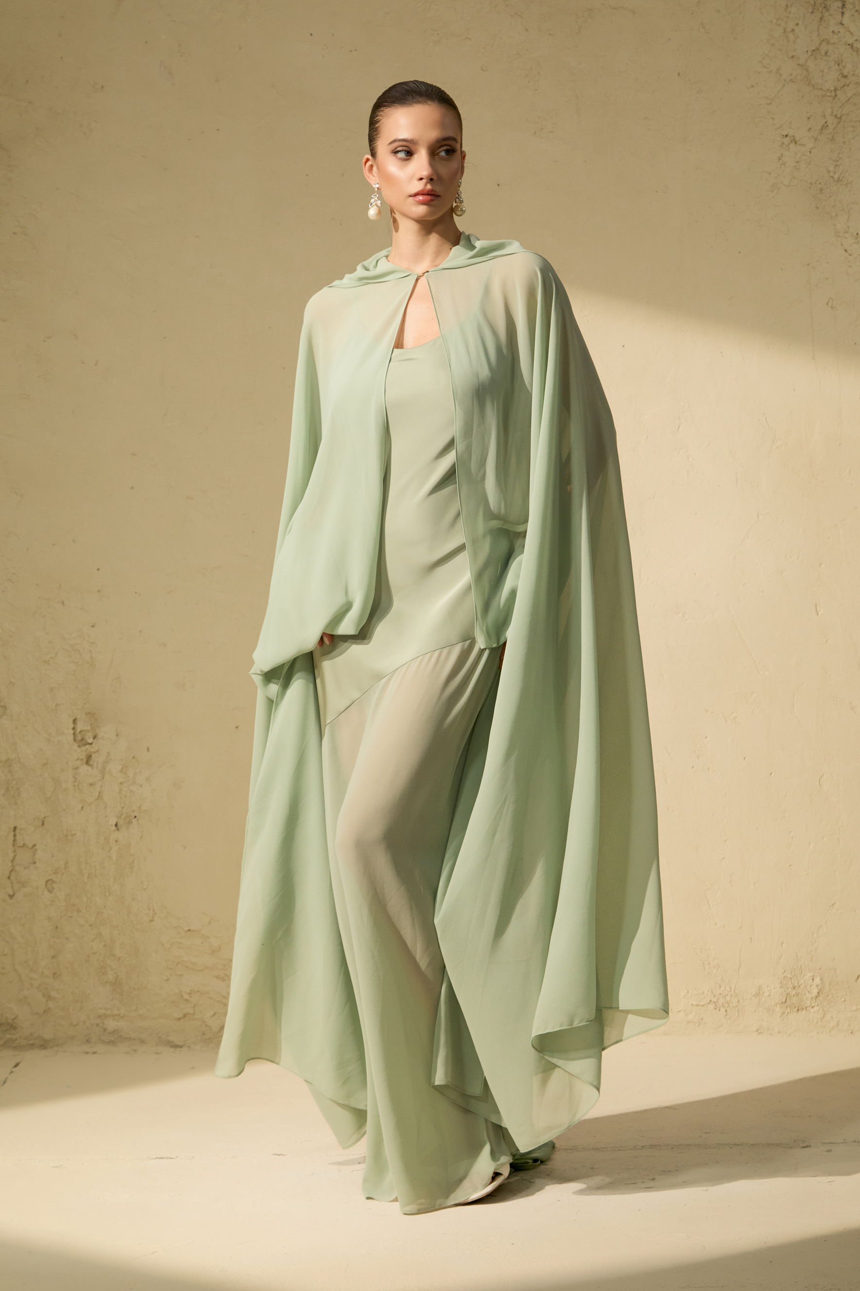 Stolen Kiss Green Chiffon Cape & Satin Slip Dress Set