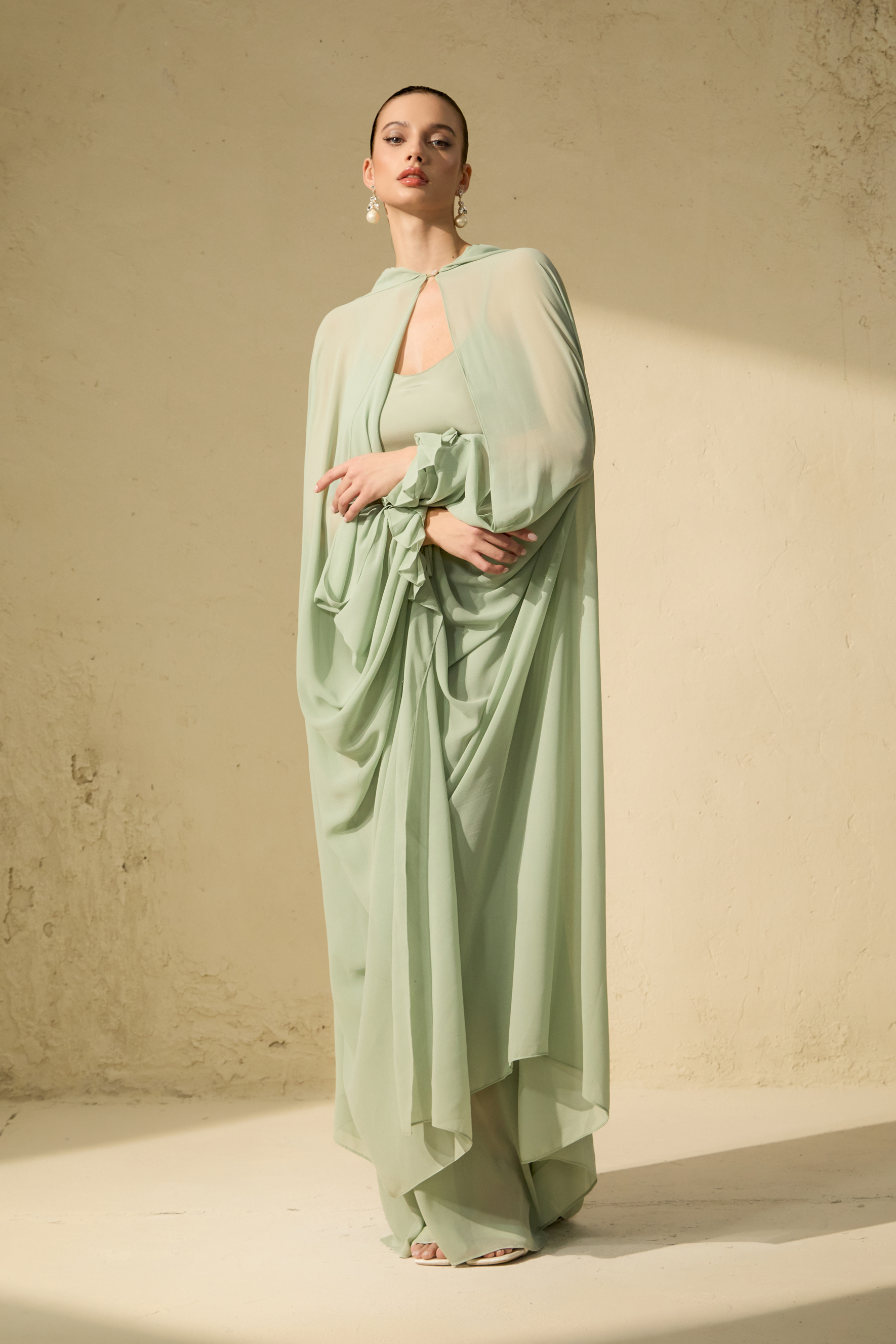 Stolen Kiss Green Chiffon Cape & Satin Slip Dress Set