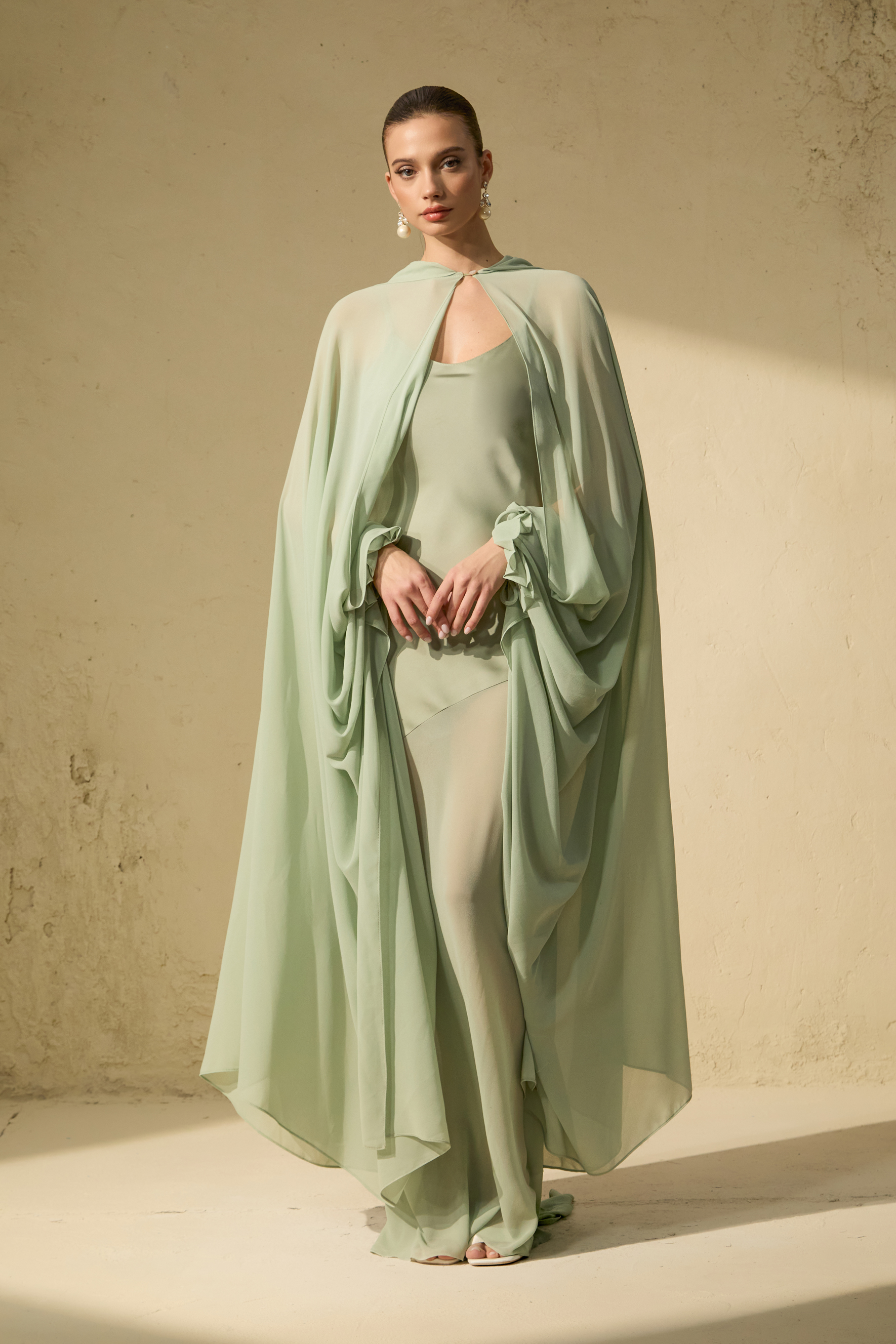 Stolen Kiss Green Chiffon Cape & Satin Slip Dress Set