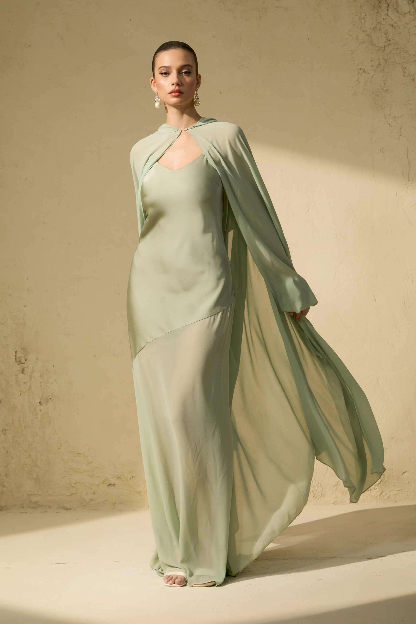 Stolen Kiss Green Chiffon Cape & Satin Slip Dress Set
