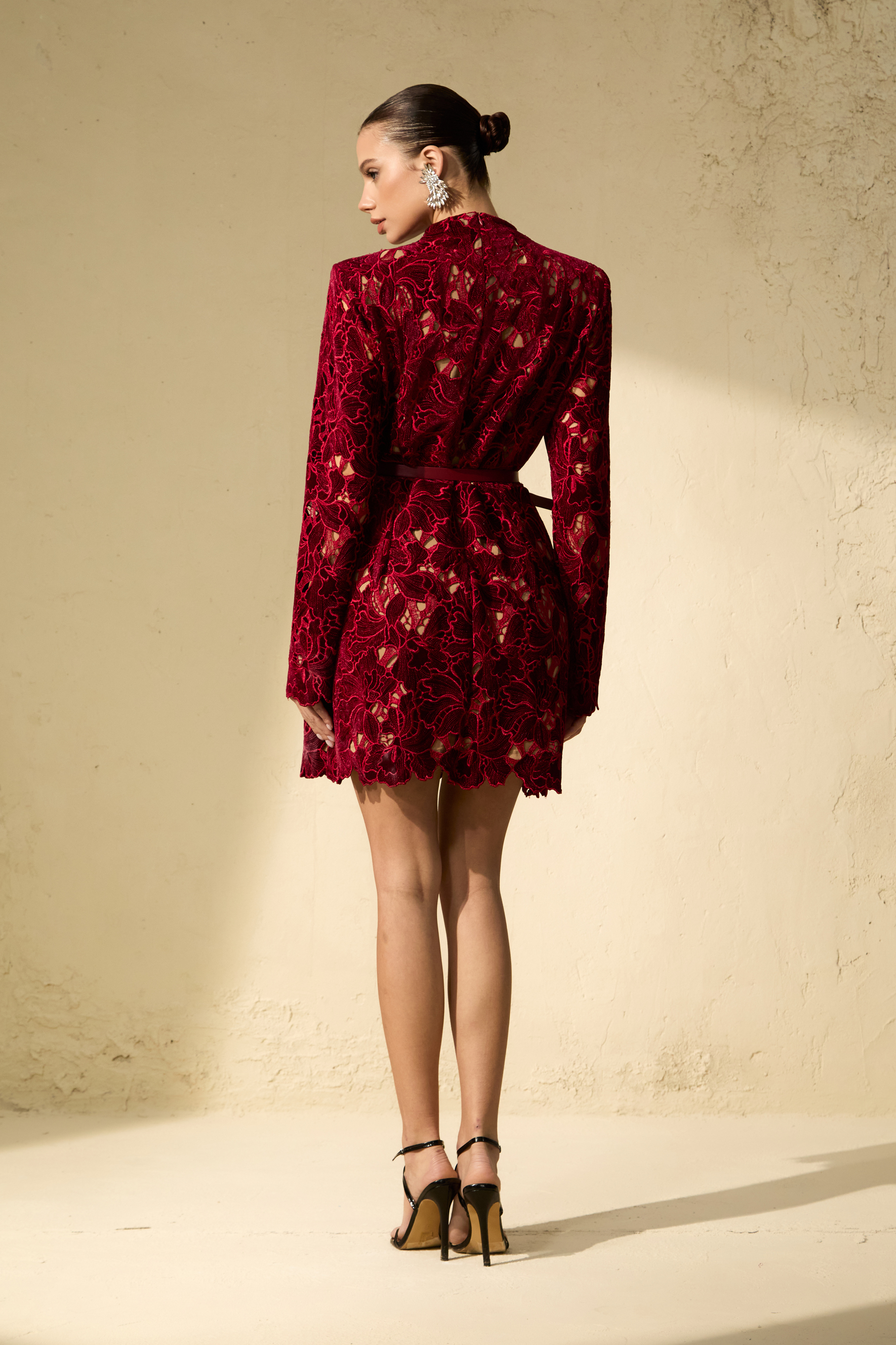 Flirty Feelings Burgundy Floral Lace Long Sleeve Mini Dress