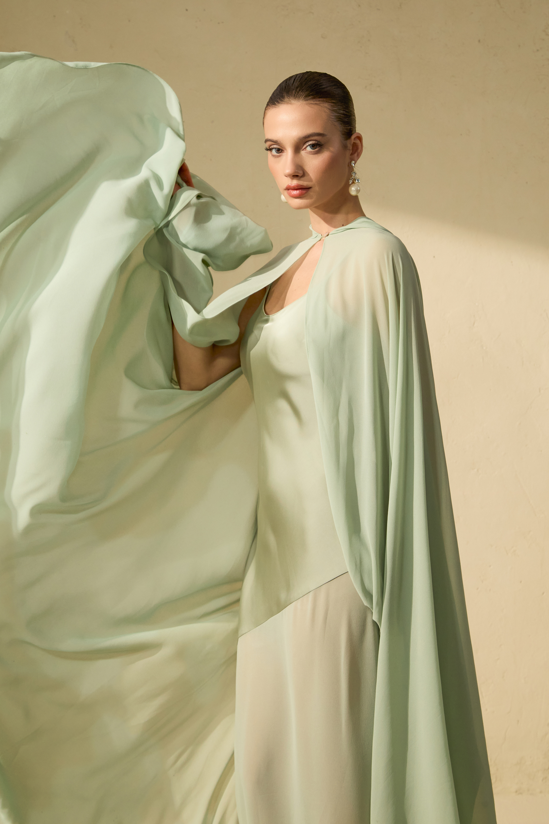 Stolen Kiss Green Chiffon Cape & Satin Slip Dress Set