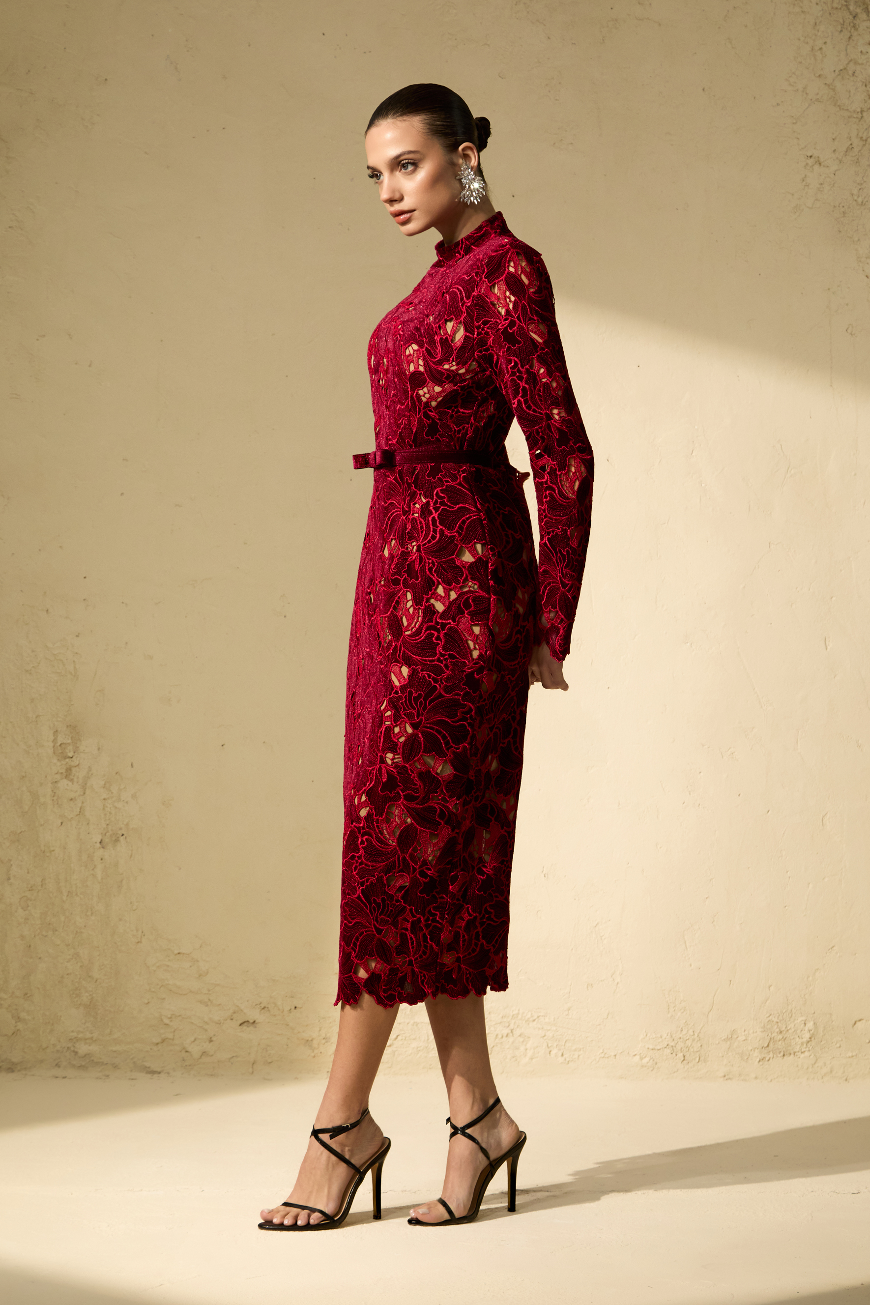 Love Me Forever Burgundy Floral Lace Long Sleeve Midi Dress