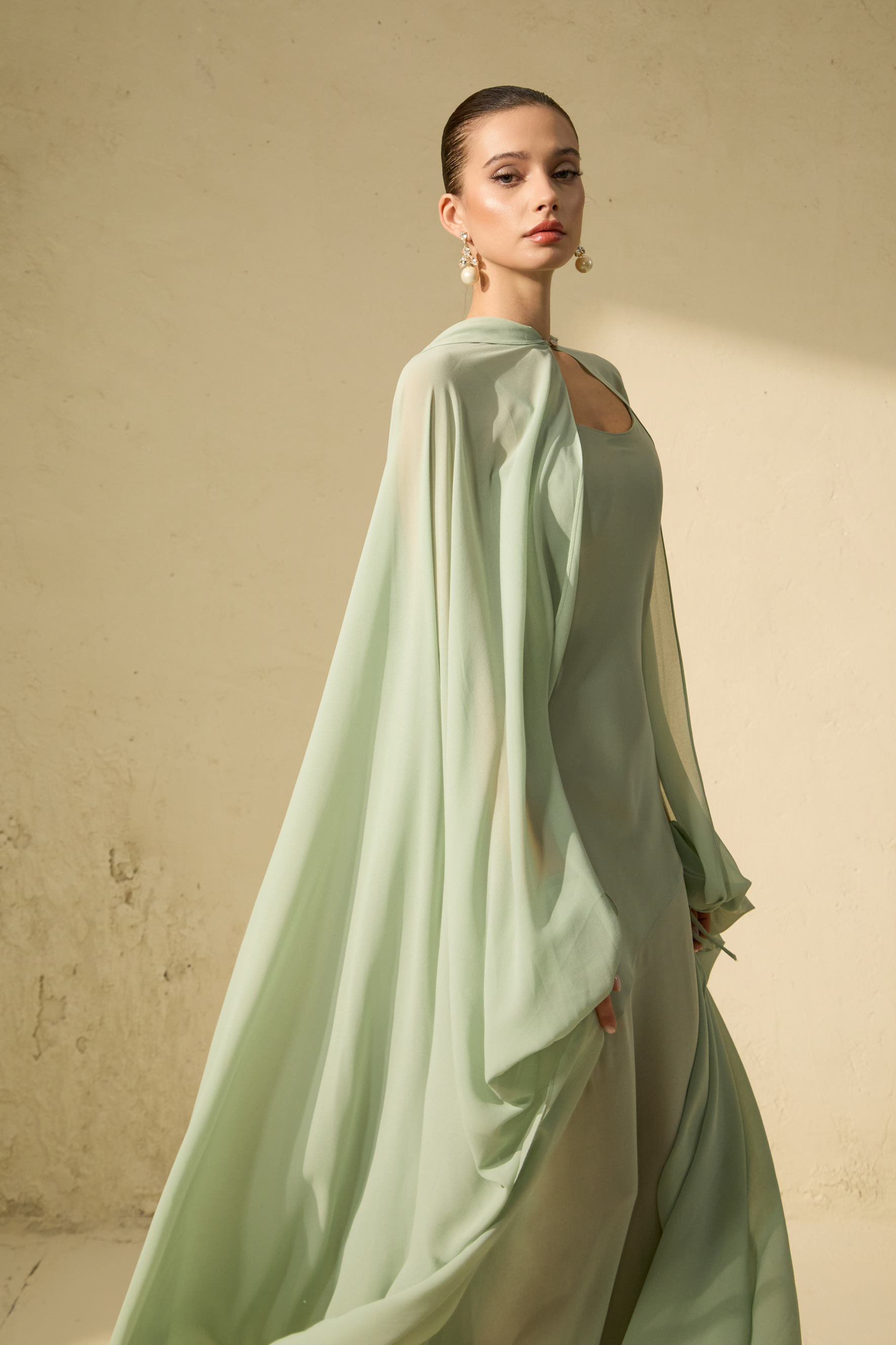 Stolen Kiss Green Chiffon Cape & Satin Slip Dress Set