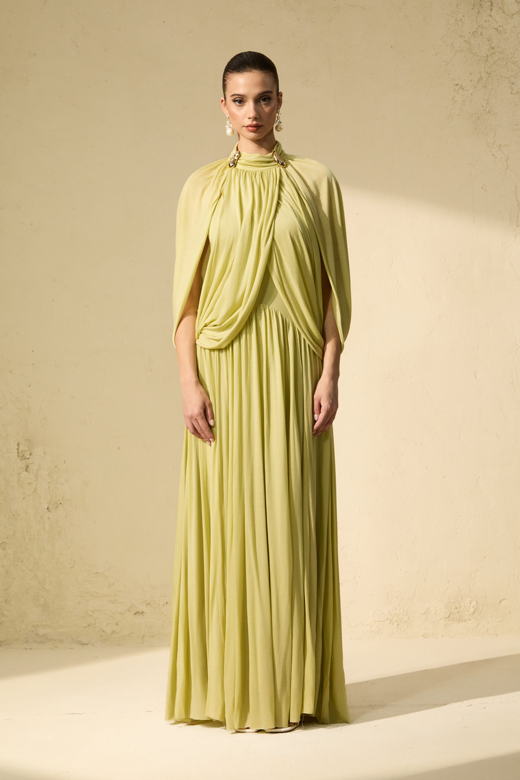 Twilight Whispers Green Draped Cape Sleeve Knit Maxi Dress