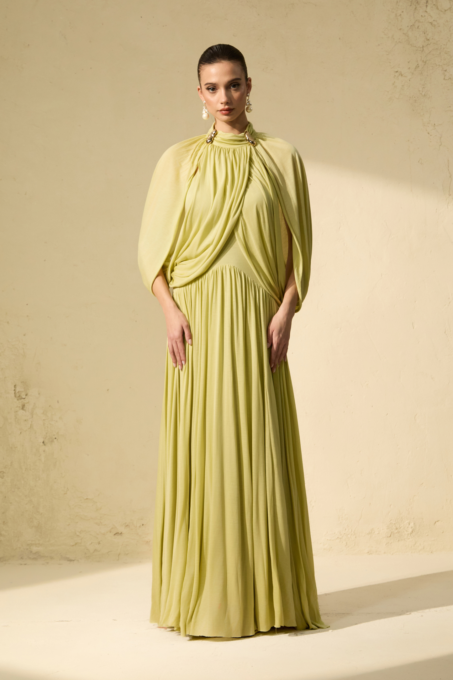 Twilight Whispers Green Draped Cape Sleeve Knit Maxi Dress