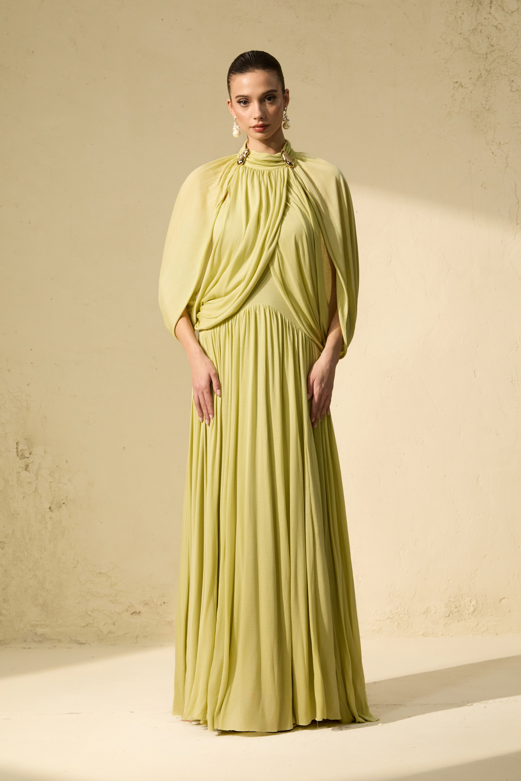 Twilight Whispers Green Draped Cape Sleeve Knit Maxi Dress