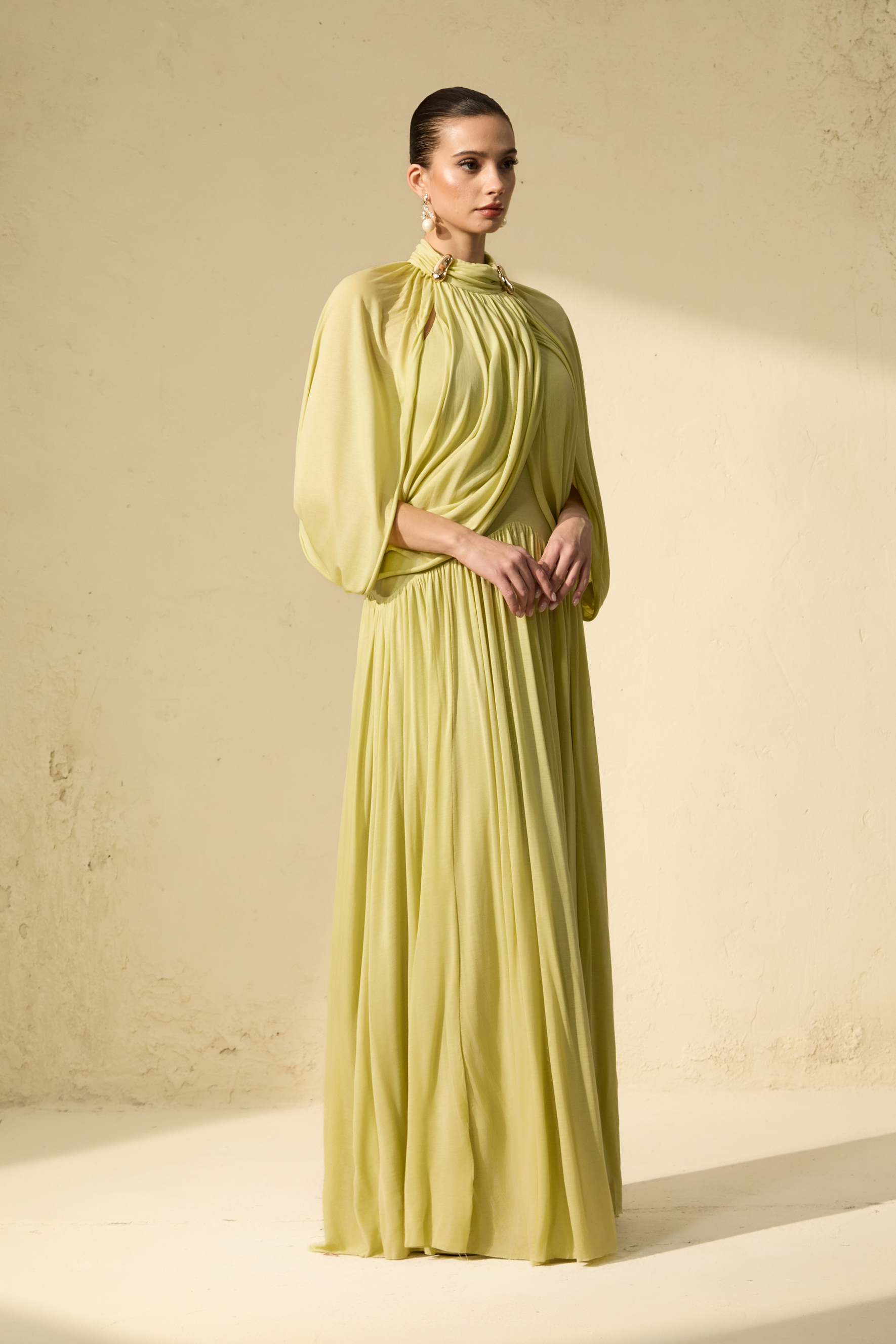 Twilight Whispers Green Draped Cape Sleeve Knit Maxi Dress