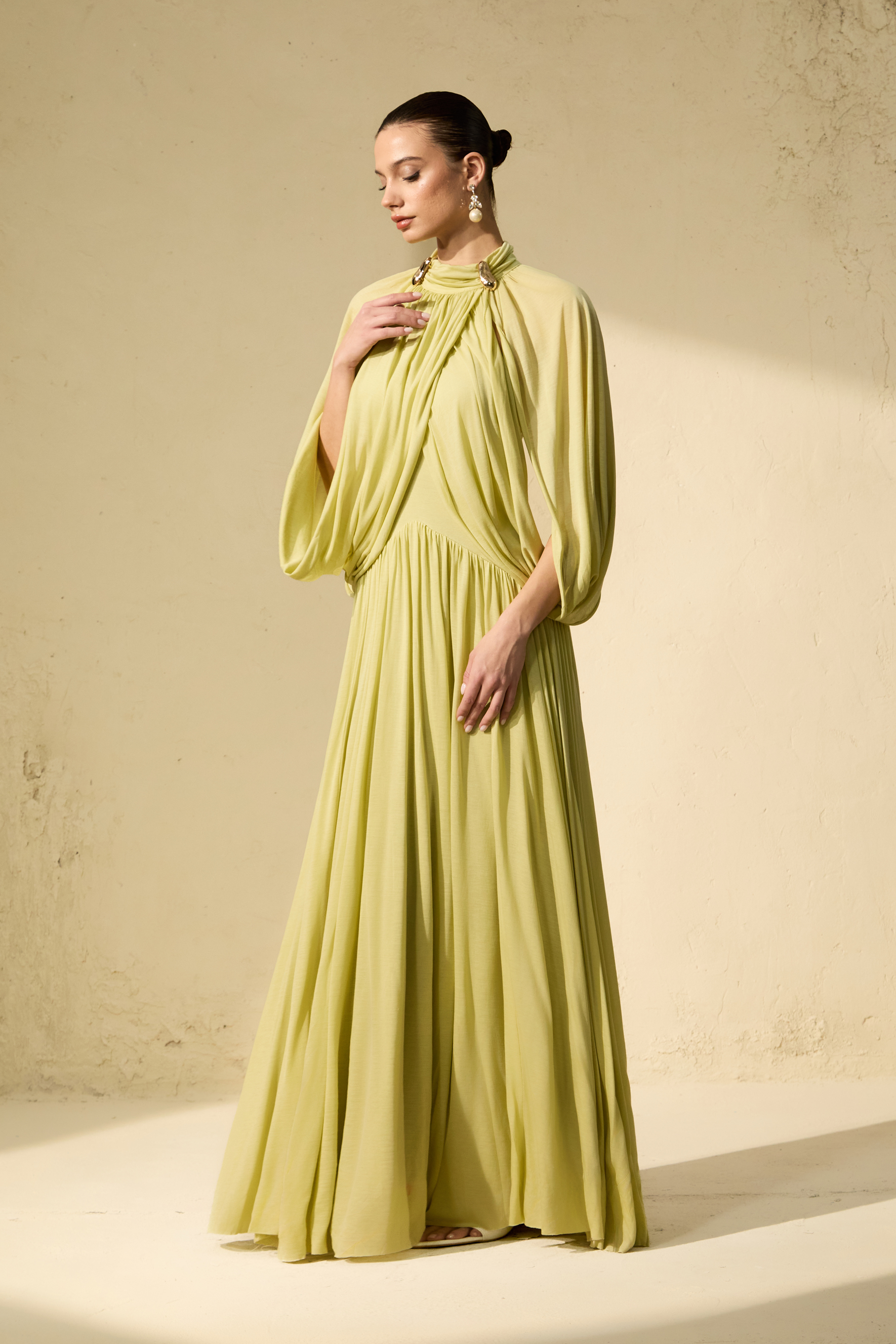Twilight Whispers Green Draped Cape Sleeve Knit Maxi Dress