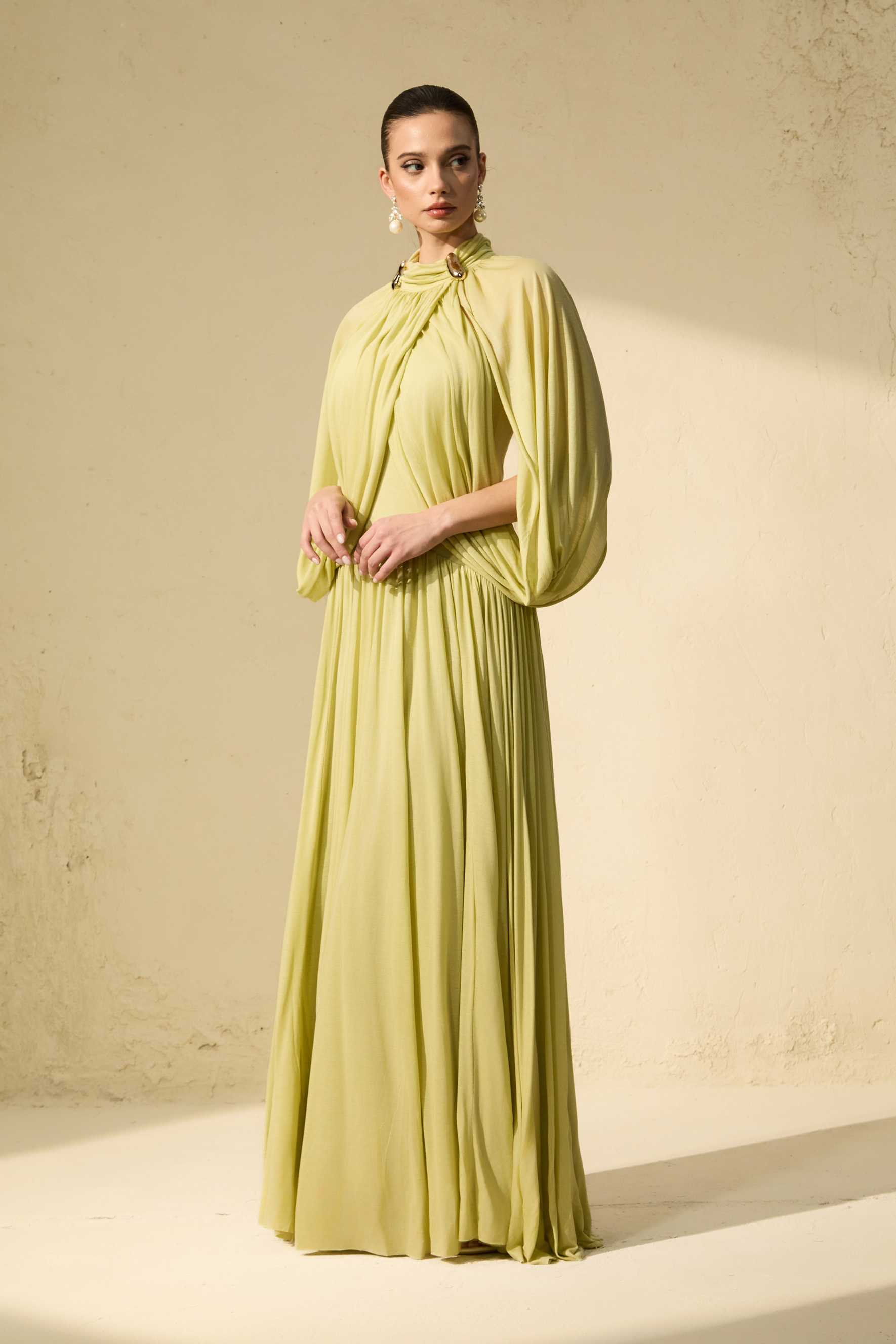 Twilight Whispers Green Draped Cape Sleeve Knit Maxi Dress