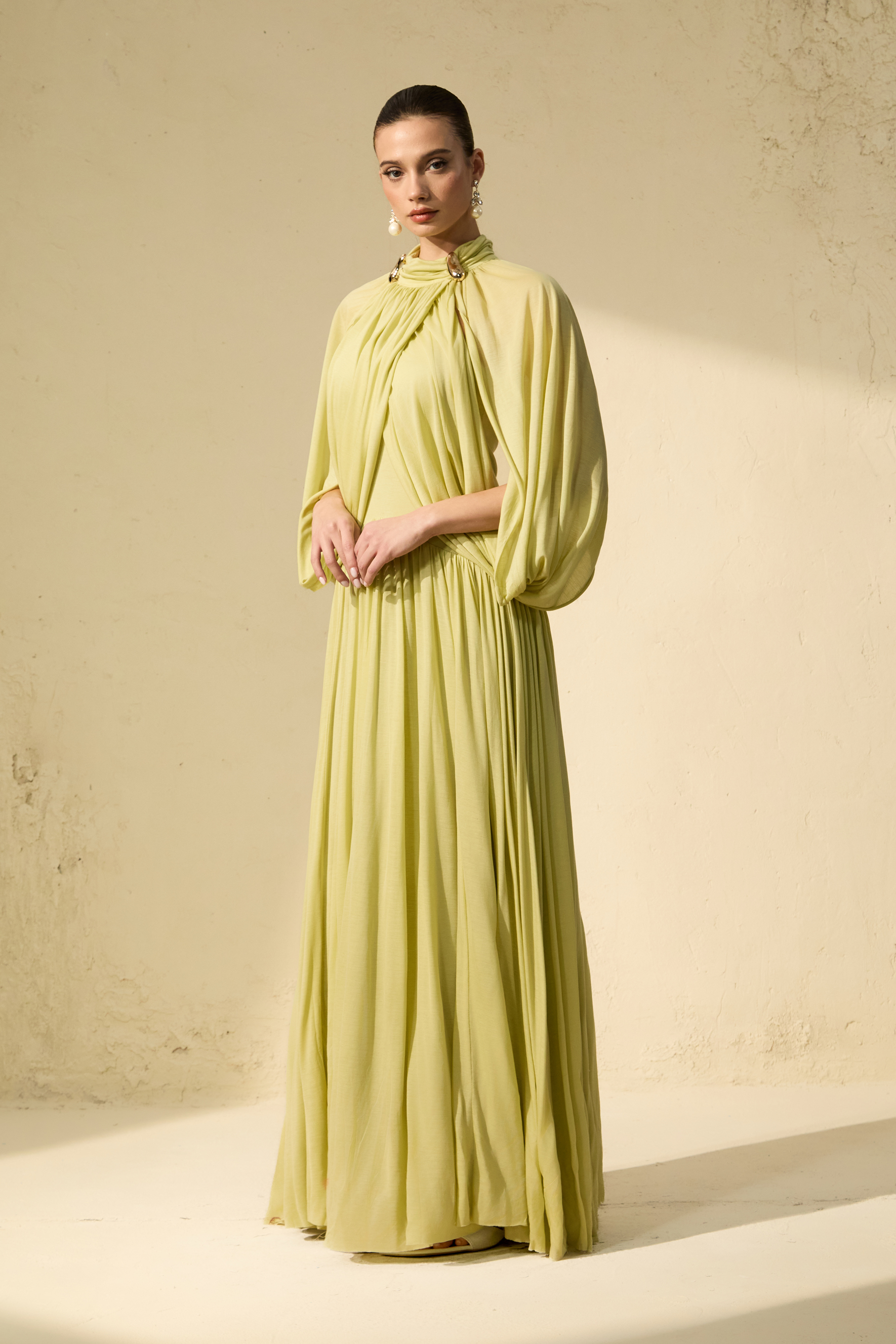 Twilight Whispers Green Draped Cape Sleeve Knit Maxi Dress