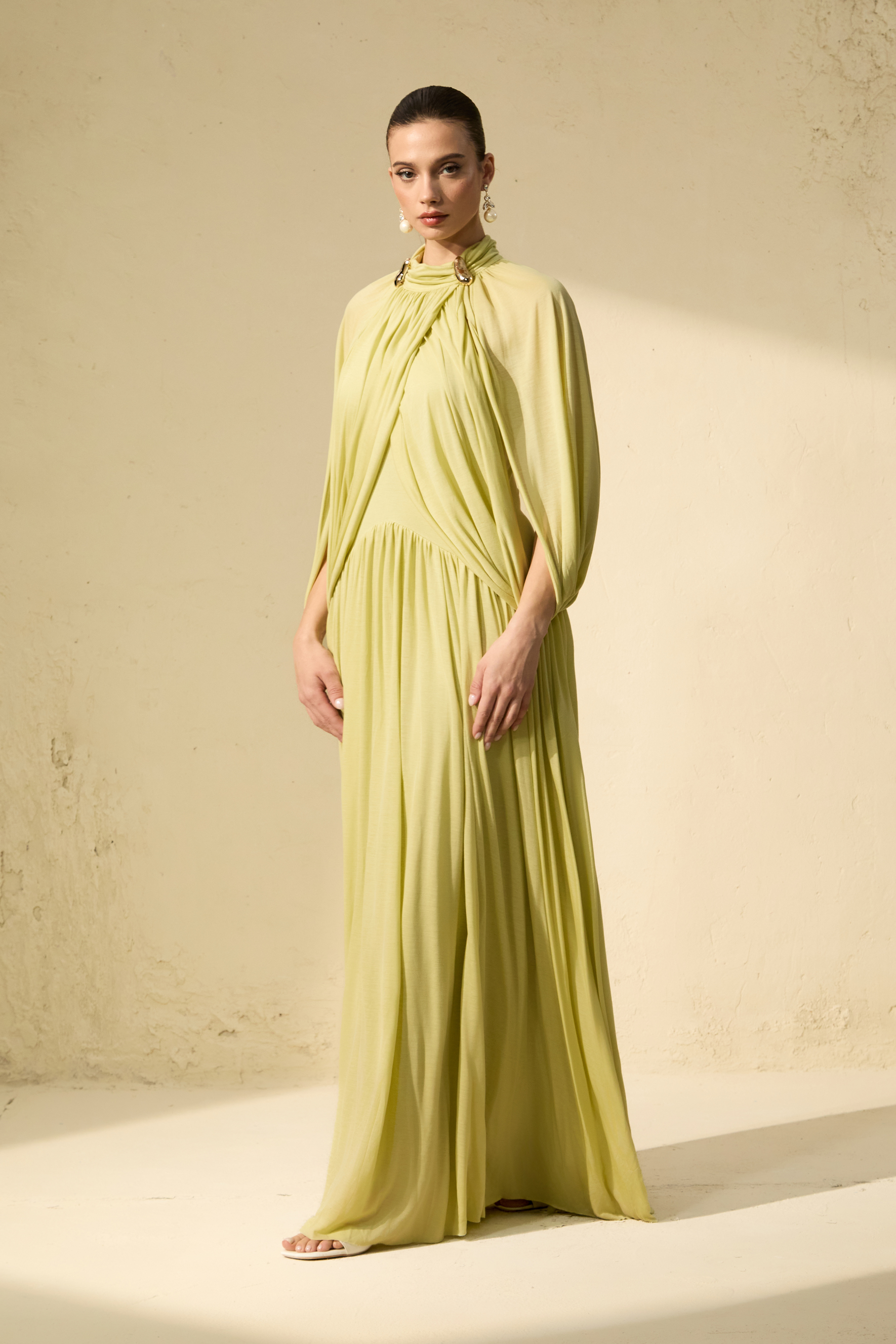 Twilight Whispers Green Draped Cape Sleeve Knit Maxi Dress