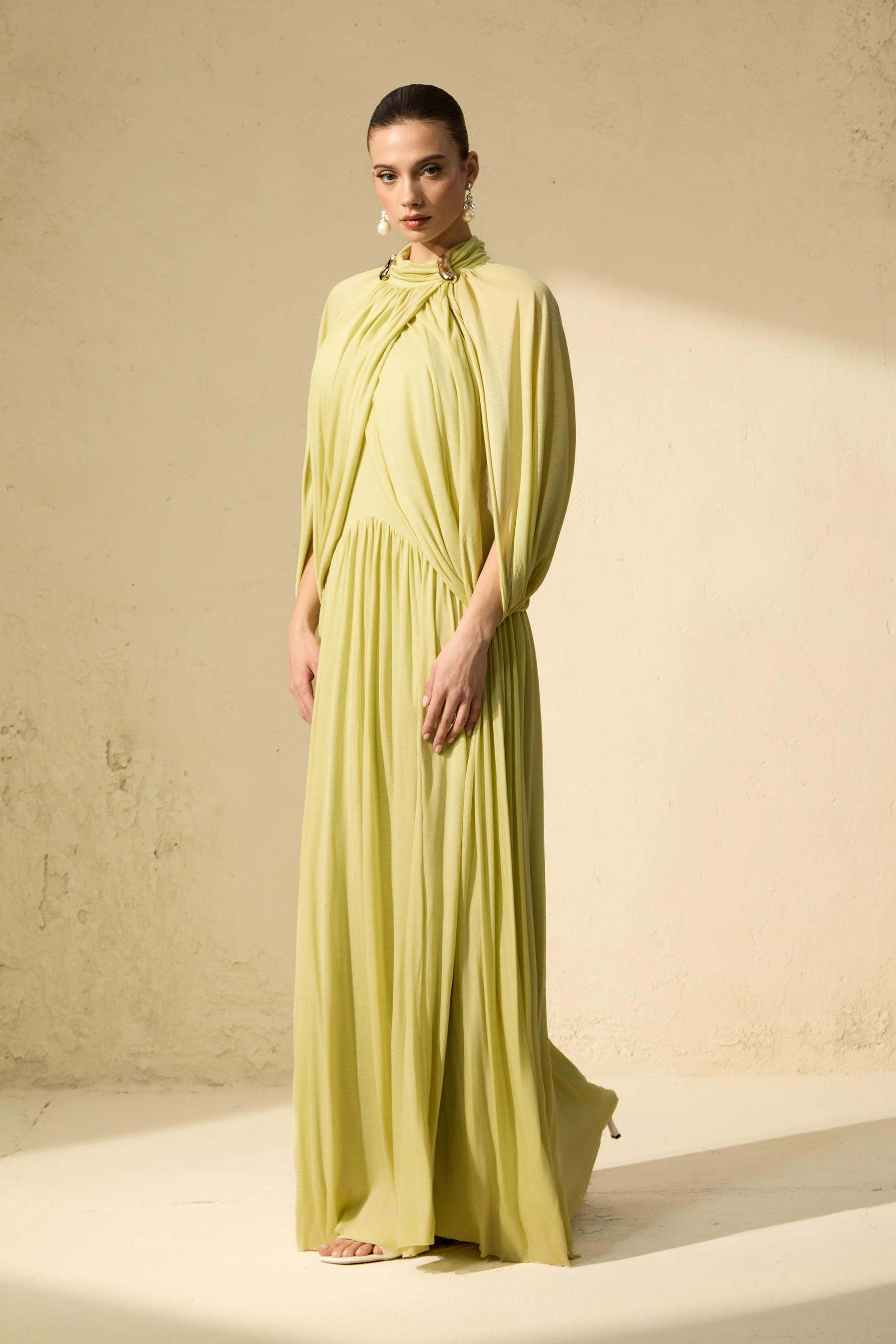 Twilight Whispers Green Draped Cape Sleeve Knit Maxi Dress