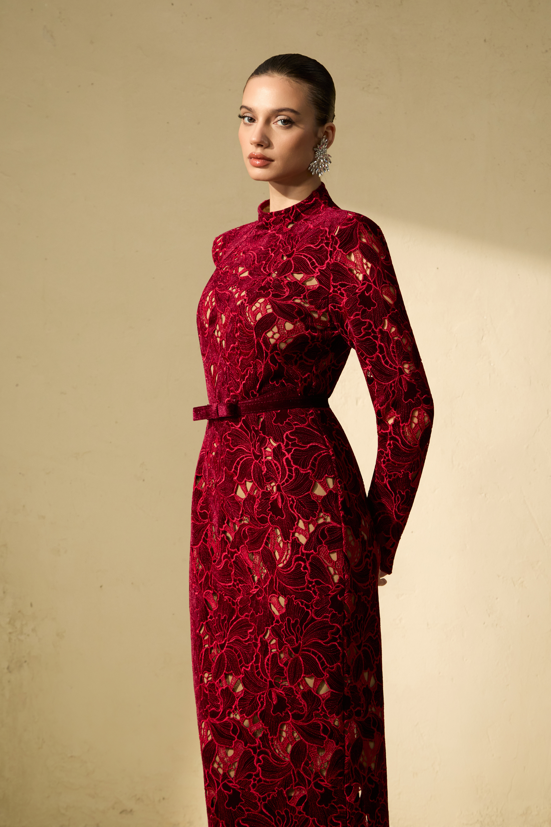 Love Me Forever Burgundy Floral Lace Long Sleeve Midi Dress