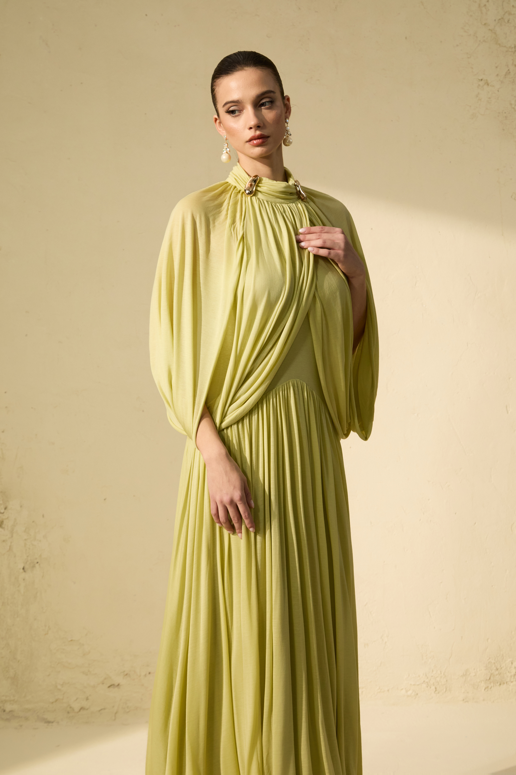 Twilight Whispers Green Draped Cape Sleeve Knit Maxi Dress