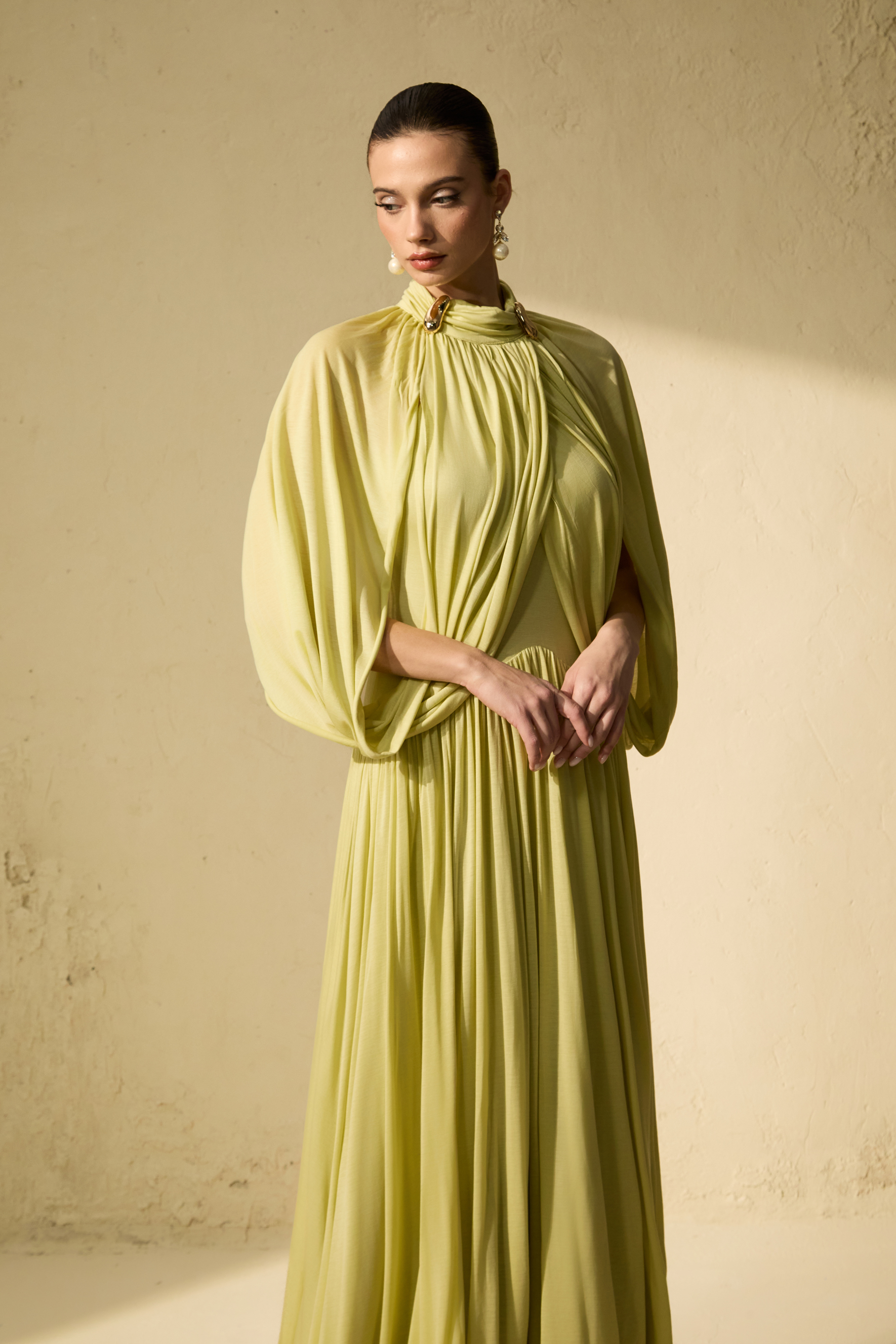 Twilight Whispers Green Draped Cape Sleeve Knit Maxi Dress