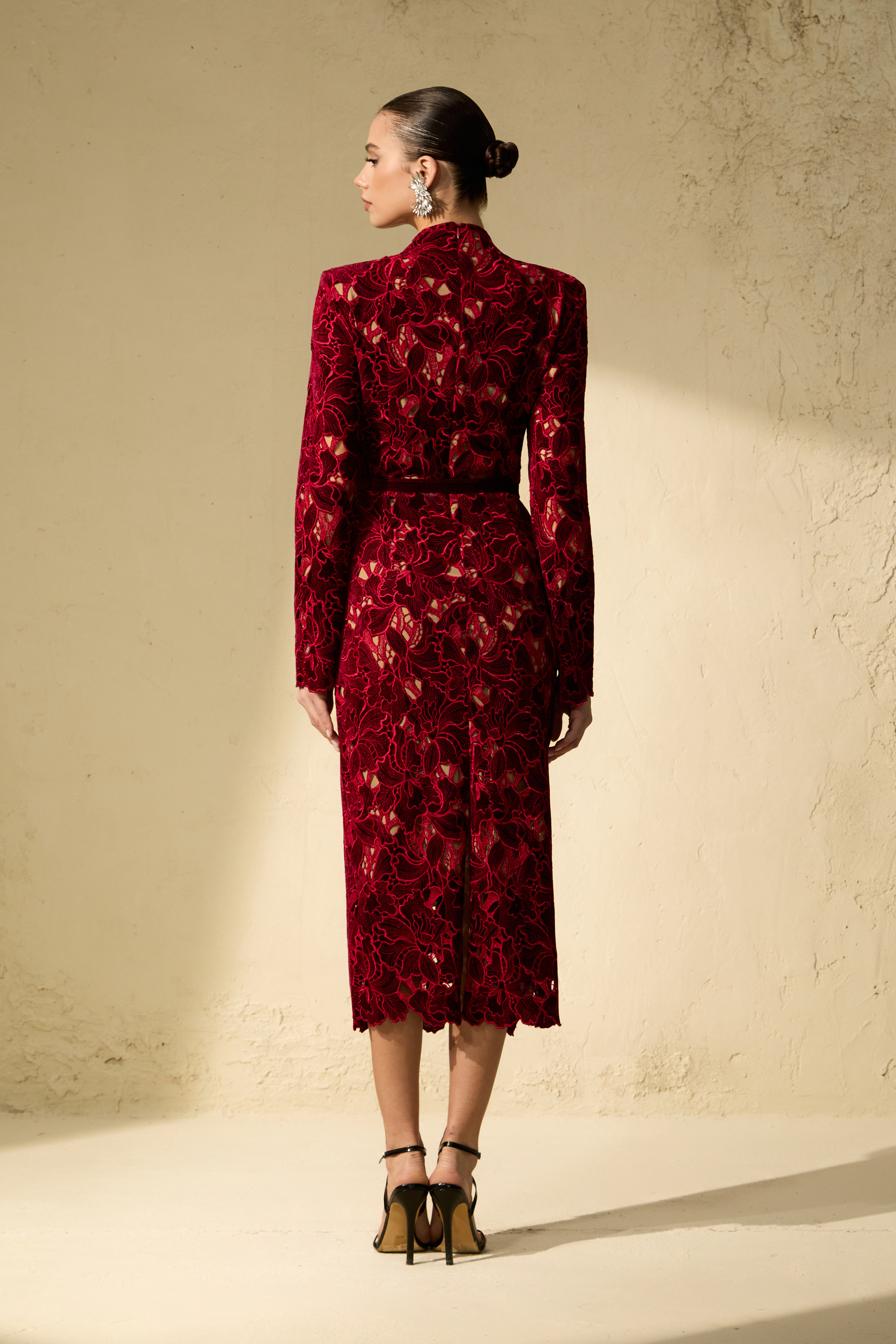 Love Me Forever Burgundy Floral Lace Long Sleeve Midi Dress