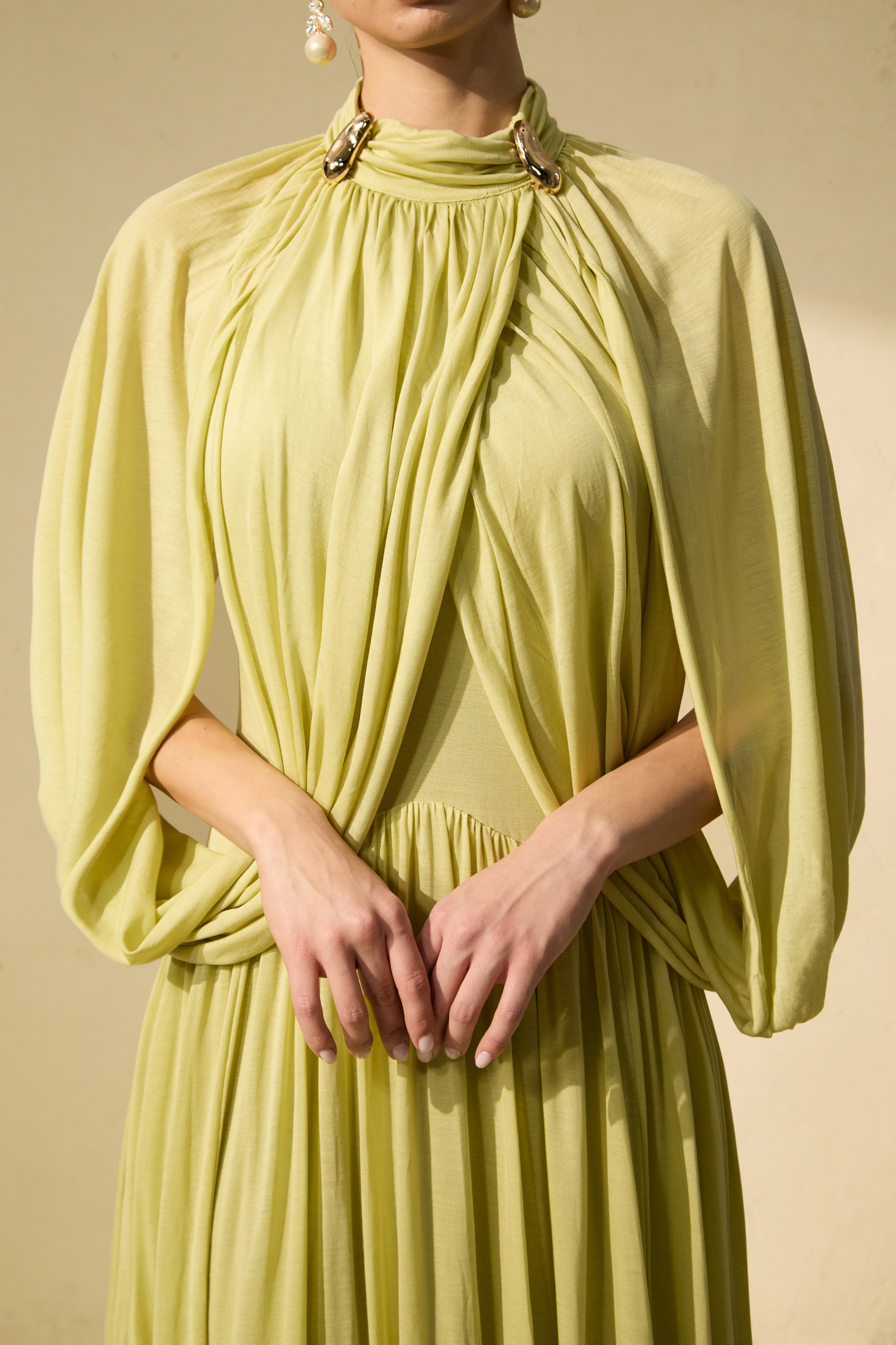 Twilight Whispers Green Draped Cape Sleeve Knit Maxi Dress