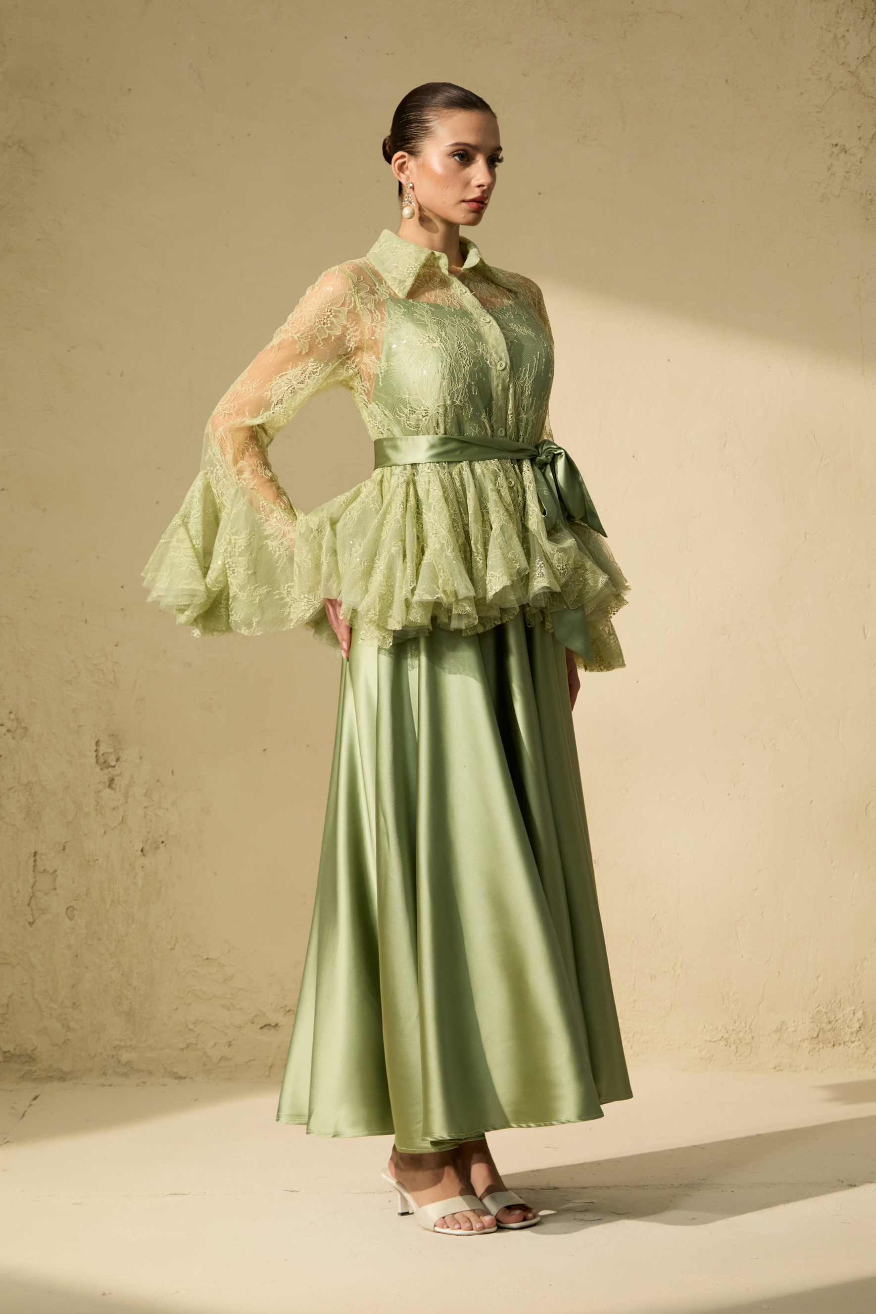 Soft Morning Mist Green Sheer Ruffled Blouse & Satin Dress Set