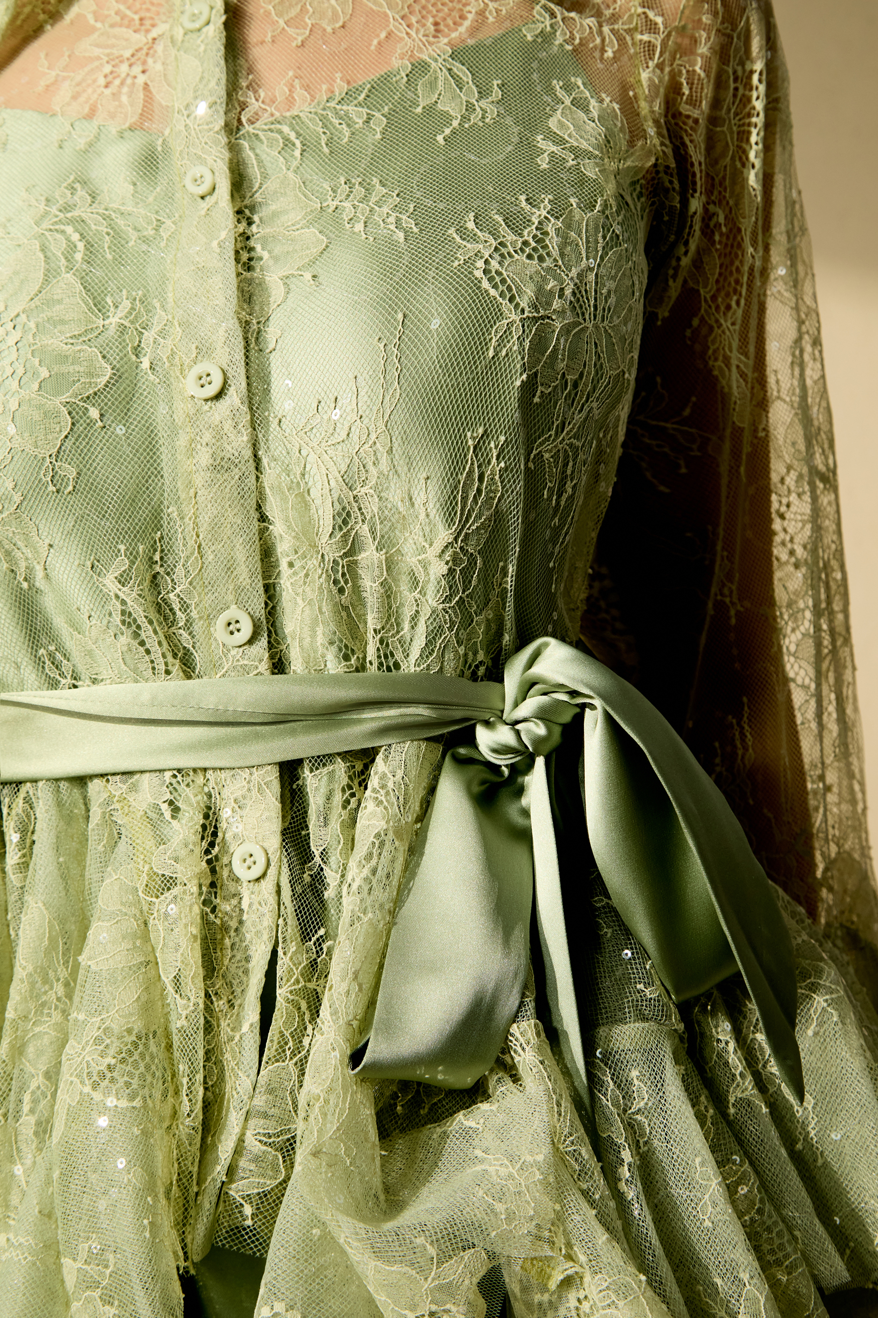 Soft Morning Mist Green Sheer Ruffled Blouse & Satin Dress Set