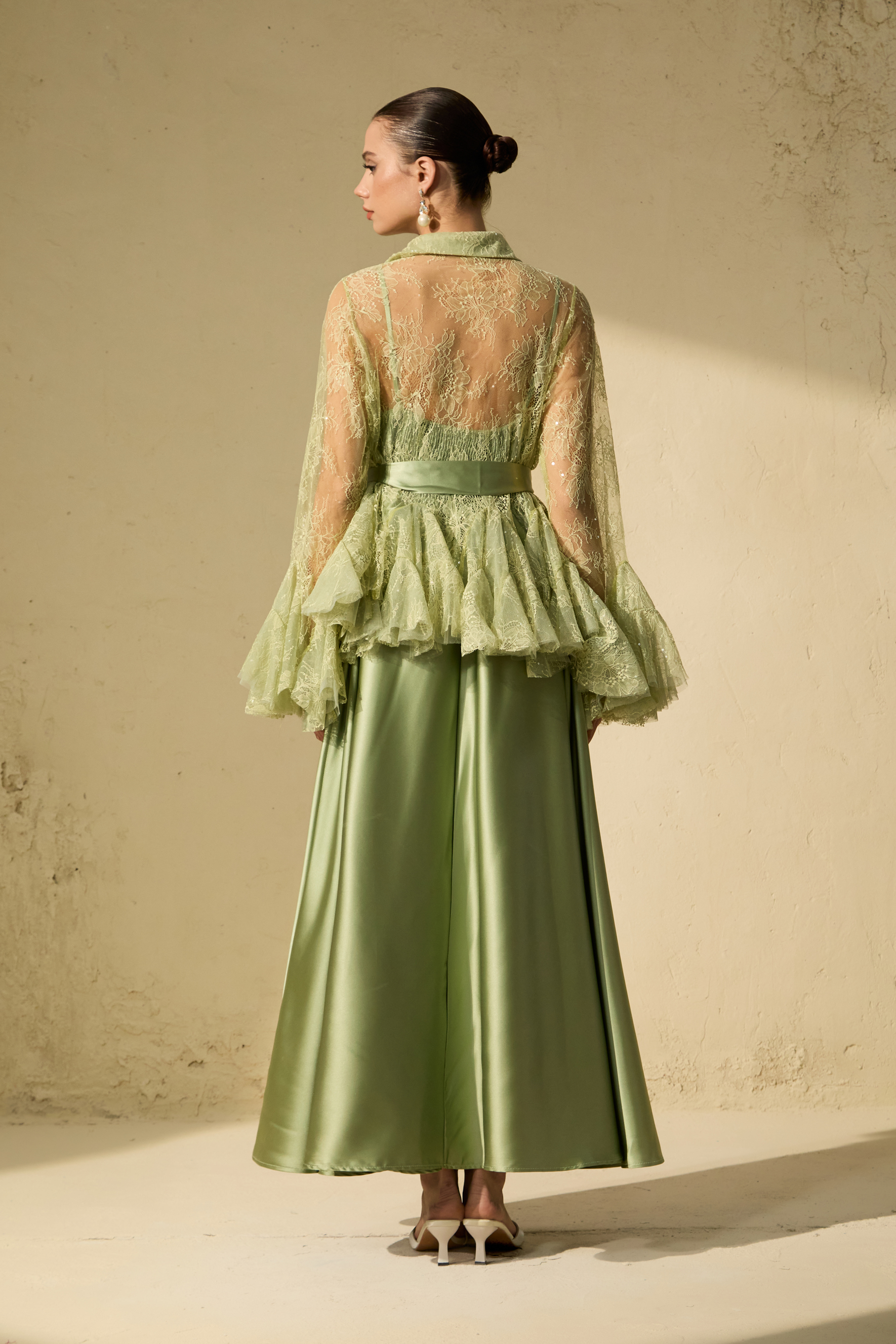 Soft Morning Mist Green Sheer Ruffled Blouse & Satin Dress Set