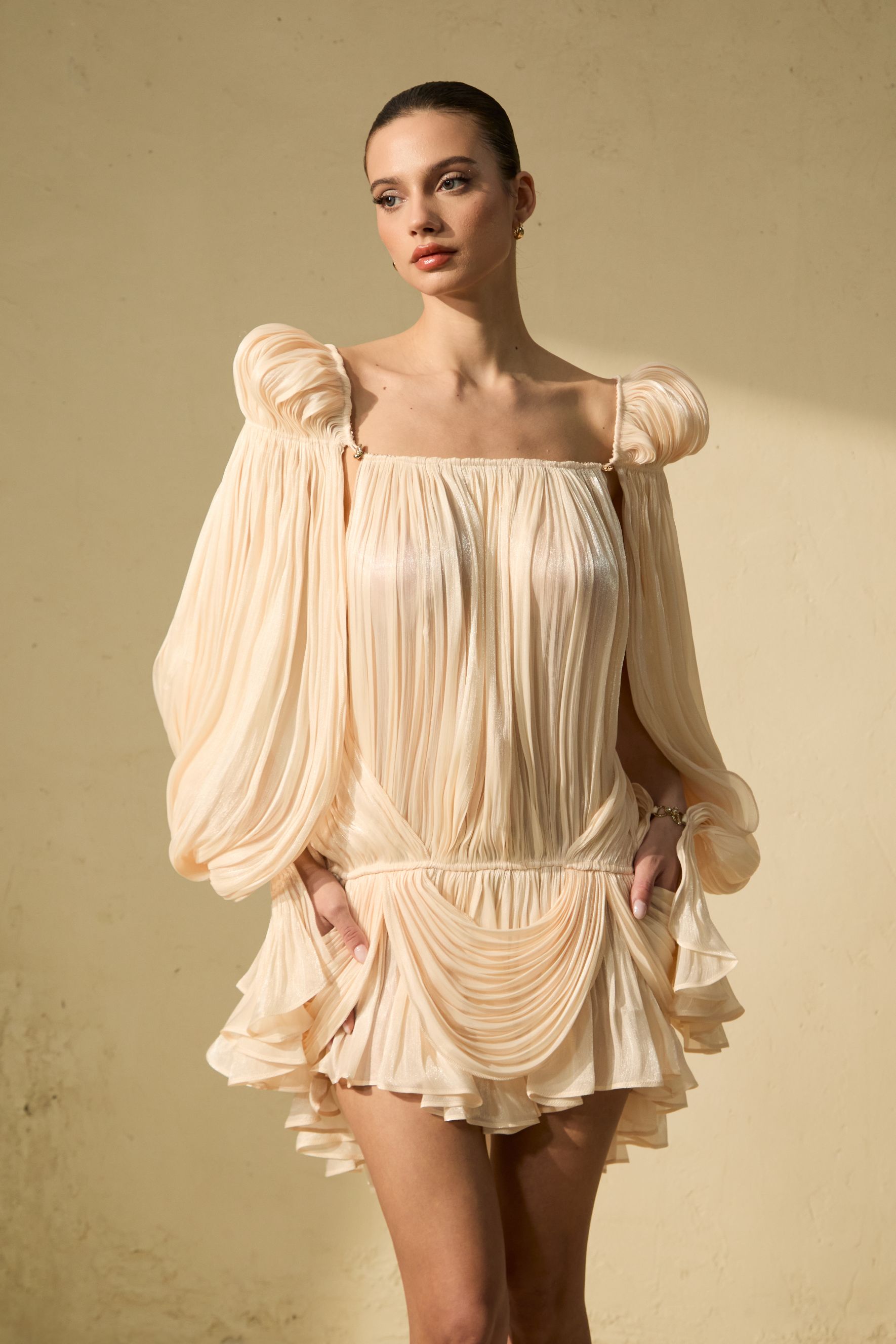 Romance Dreamer Beige Puff Sleeve Ruffle Hem Mini Dress