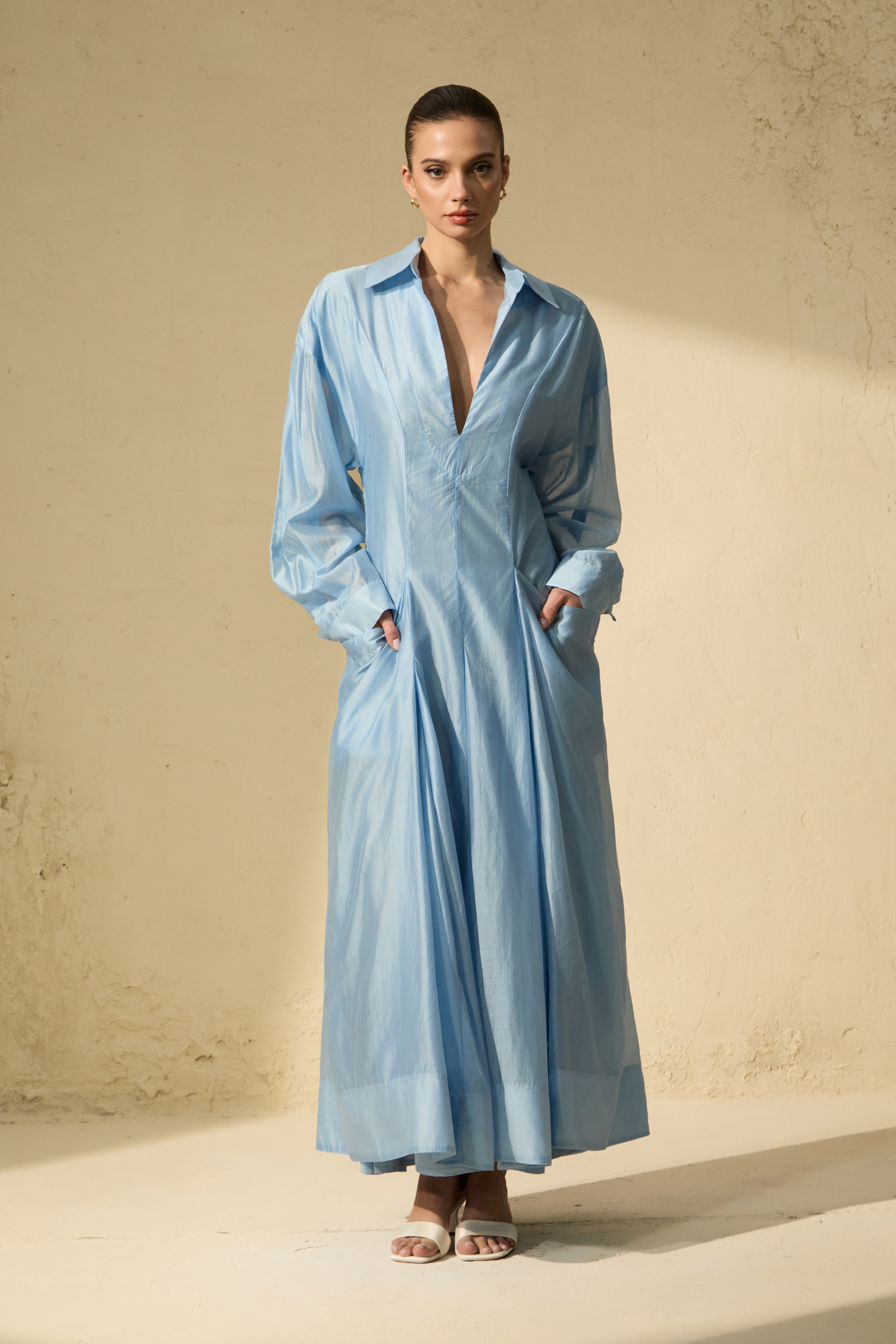 Leisurely Luxe Collared Deep V Maxi Dress
