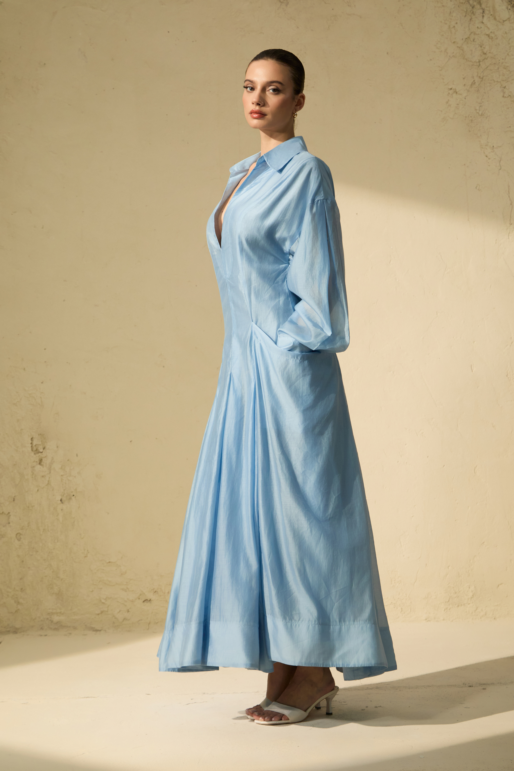 Leisurely Luxe Collared Deep V Maxi Dress