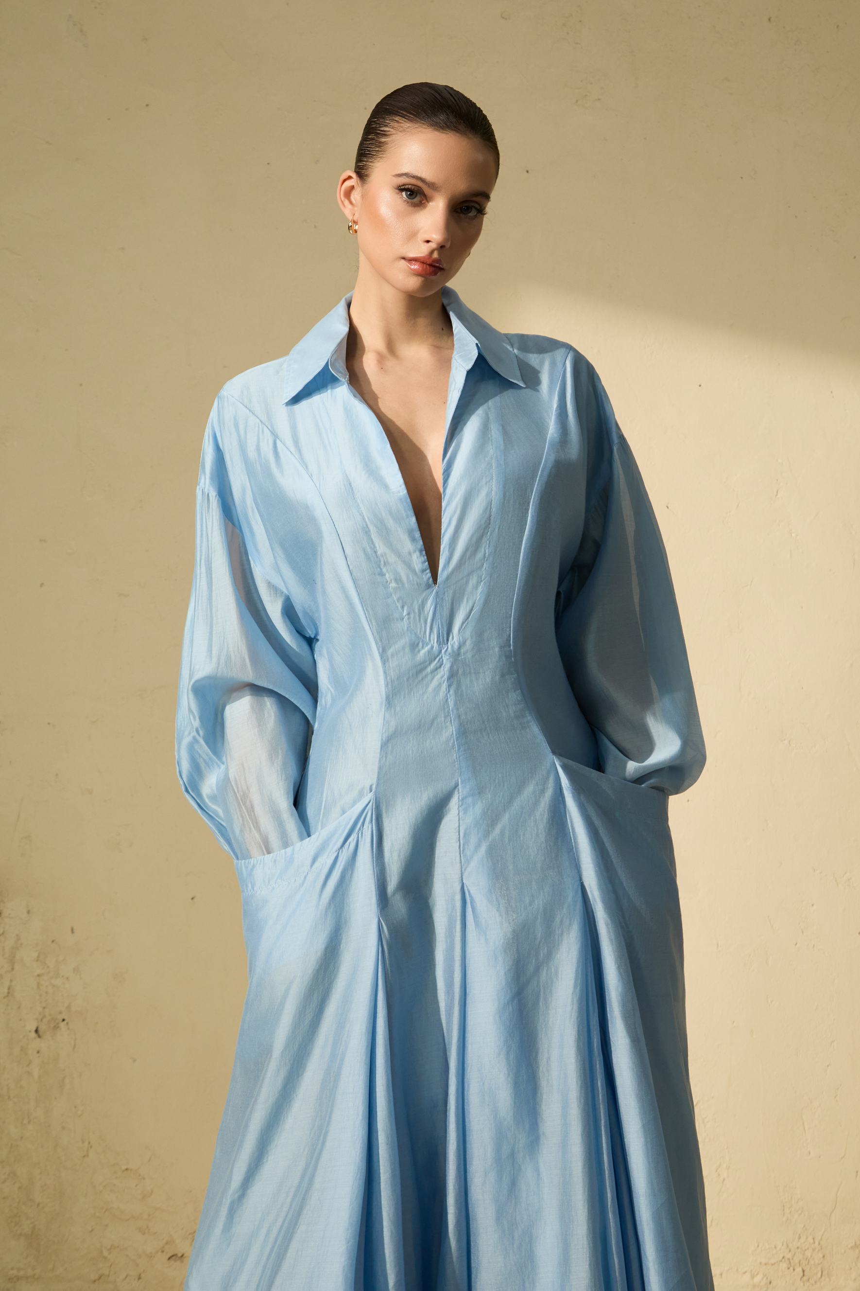 Leisurely Luxe Collared Deep V Maxi Dress