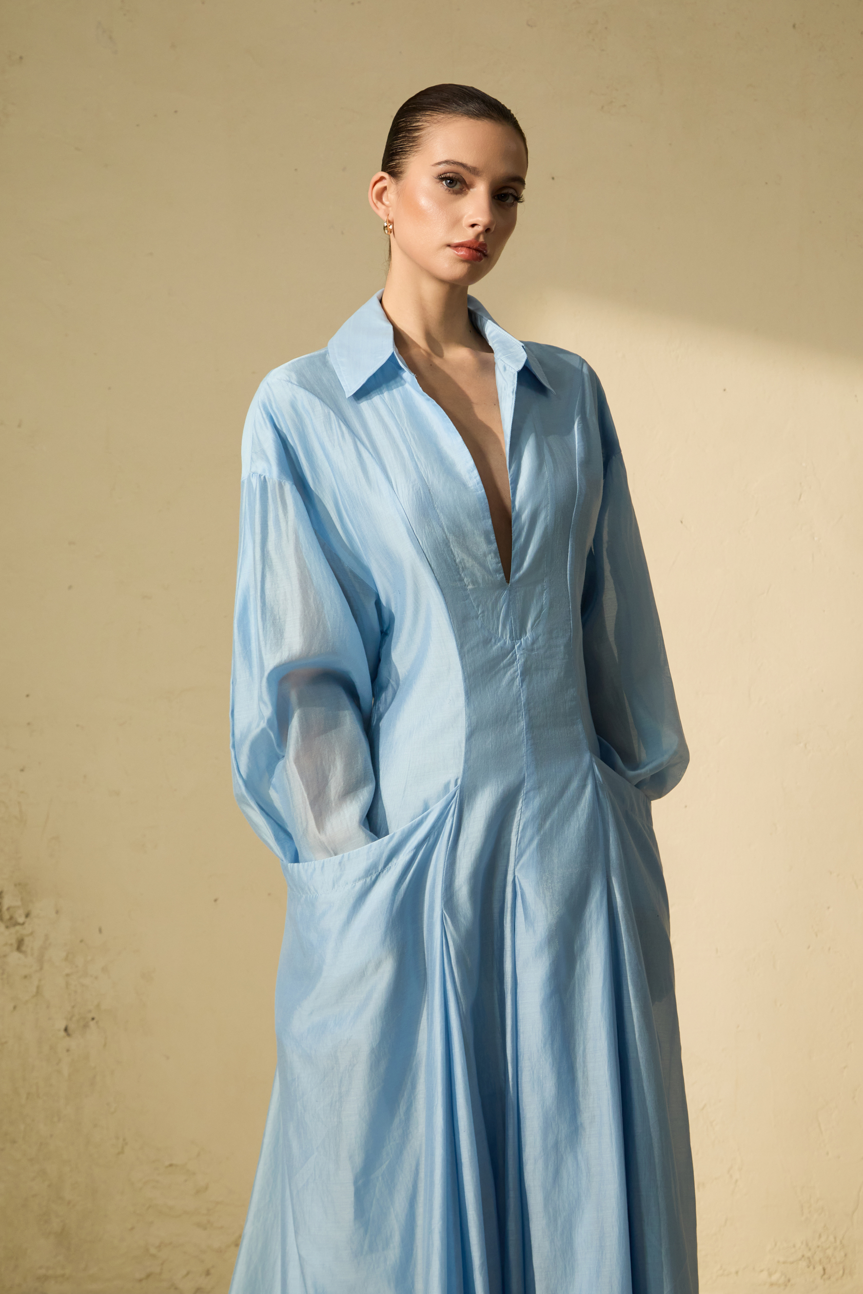 Leisurely Luxe Collared Deep V Maxi Dress