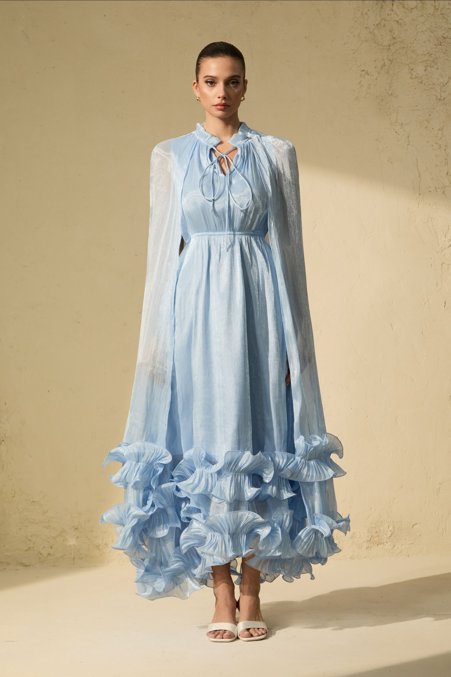 Shirley Blue Cape-effect Ruffled Midi Dress