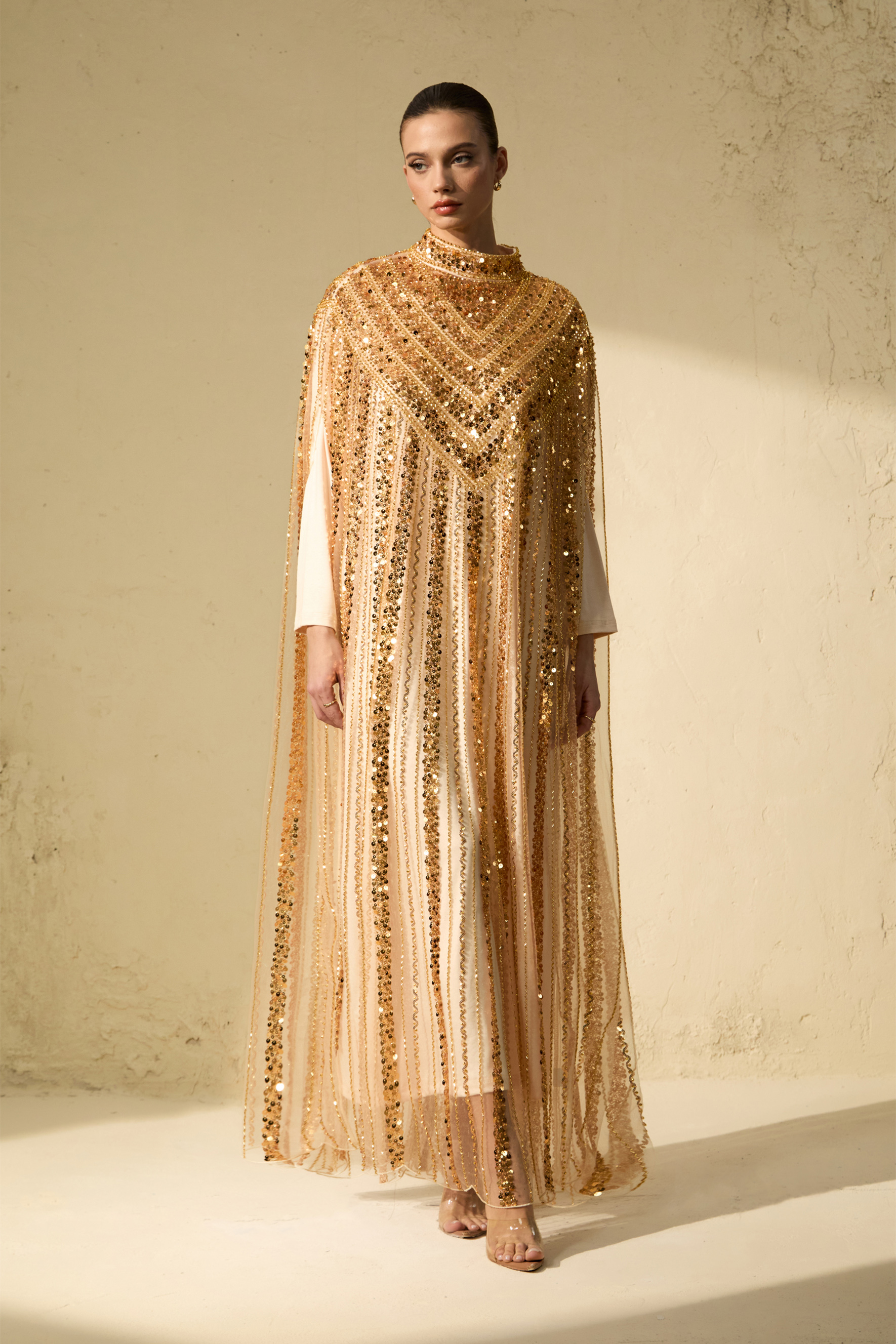 Shining Luxury Gold Chevron Sequin Tulle Maxi Dress