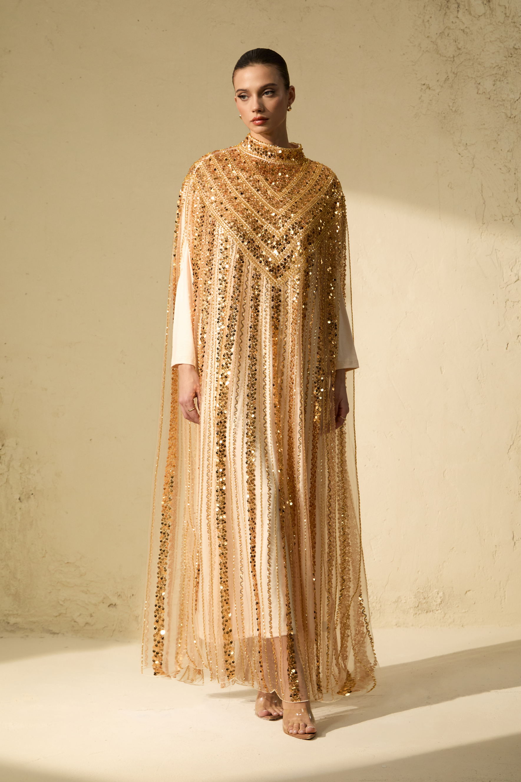 Shining Luxury Gold Chevron Sequin Tulle Maxi Dress