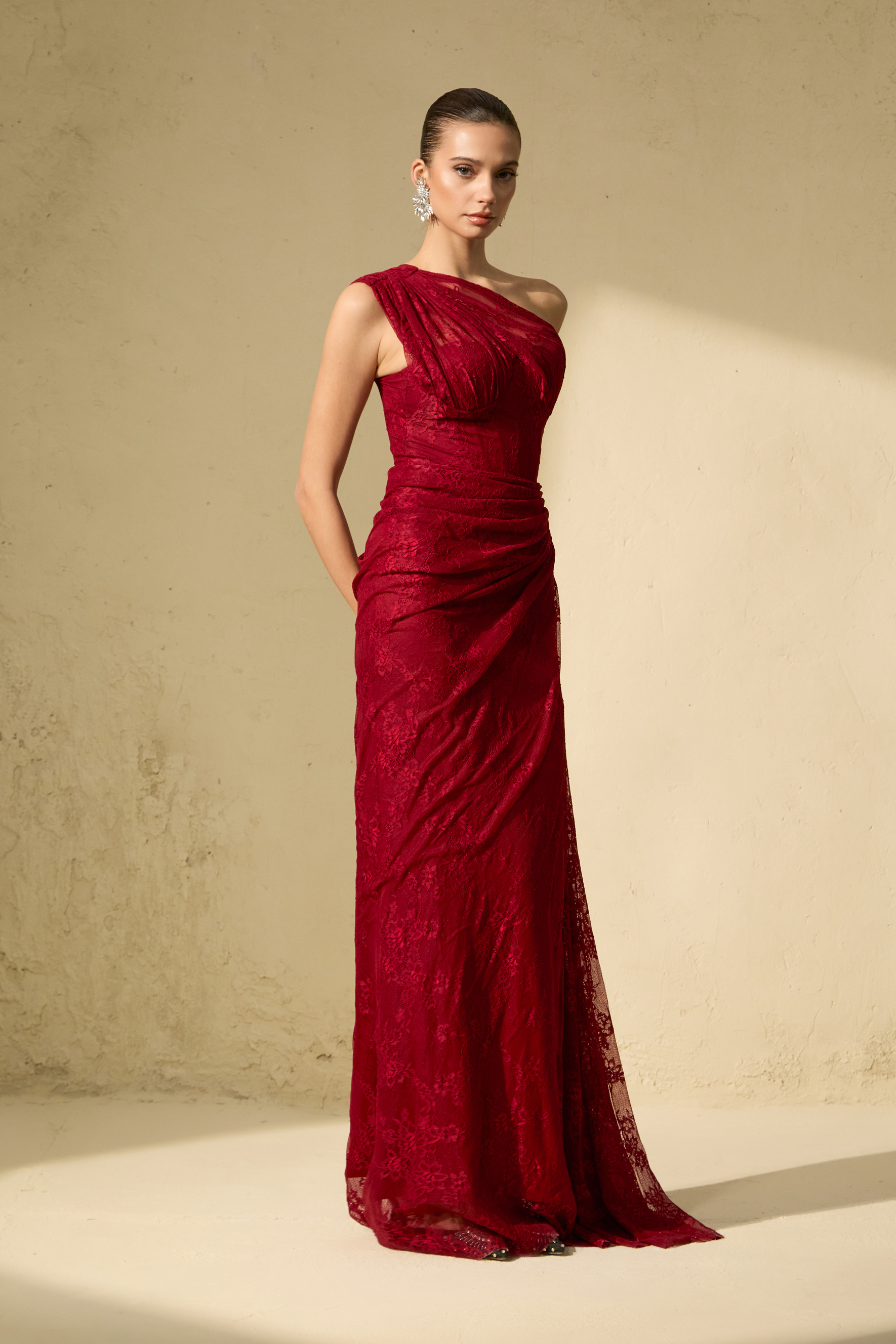 Quite Perfect Red One-Shoulder Lace Corset Maxi Dress