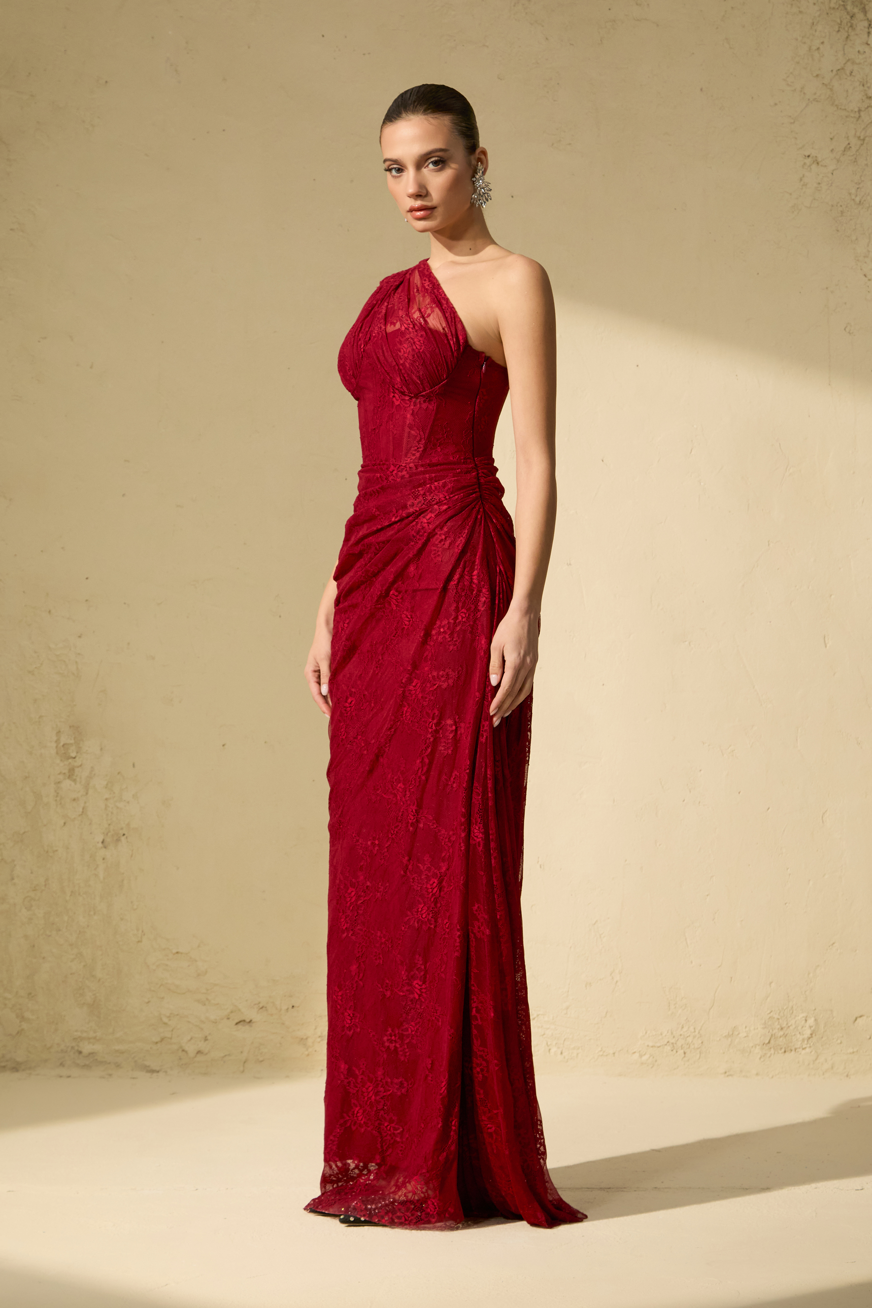 Quite Perfect Red One-Shoulder Lace Corset Maxi Dress