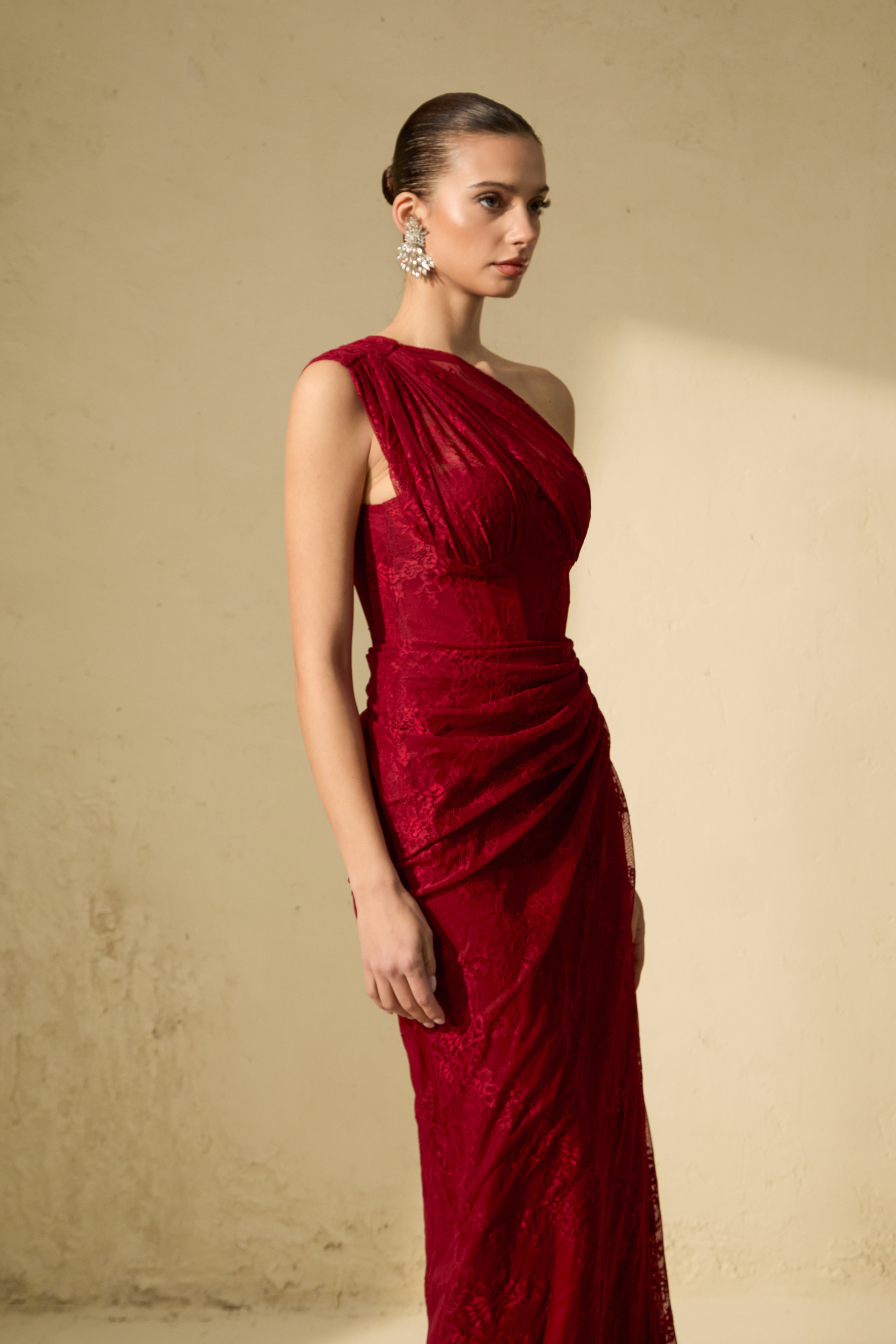 Quite Perfect Red One-Shoulder Lace Corset Maxi Dress