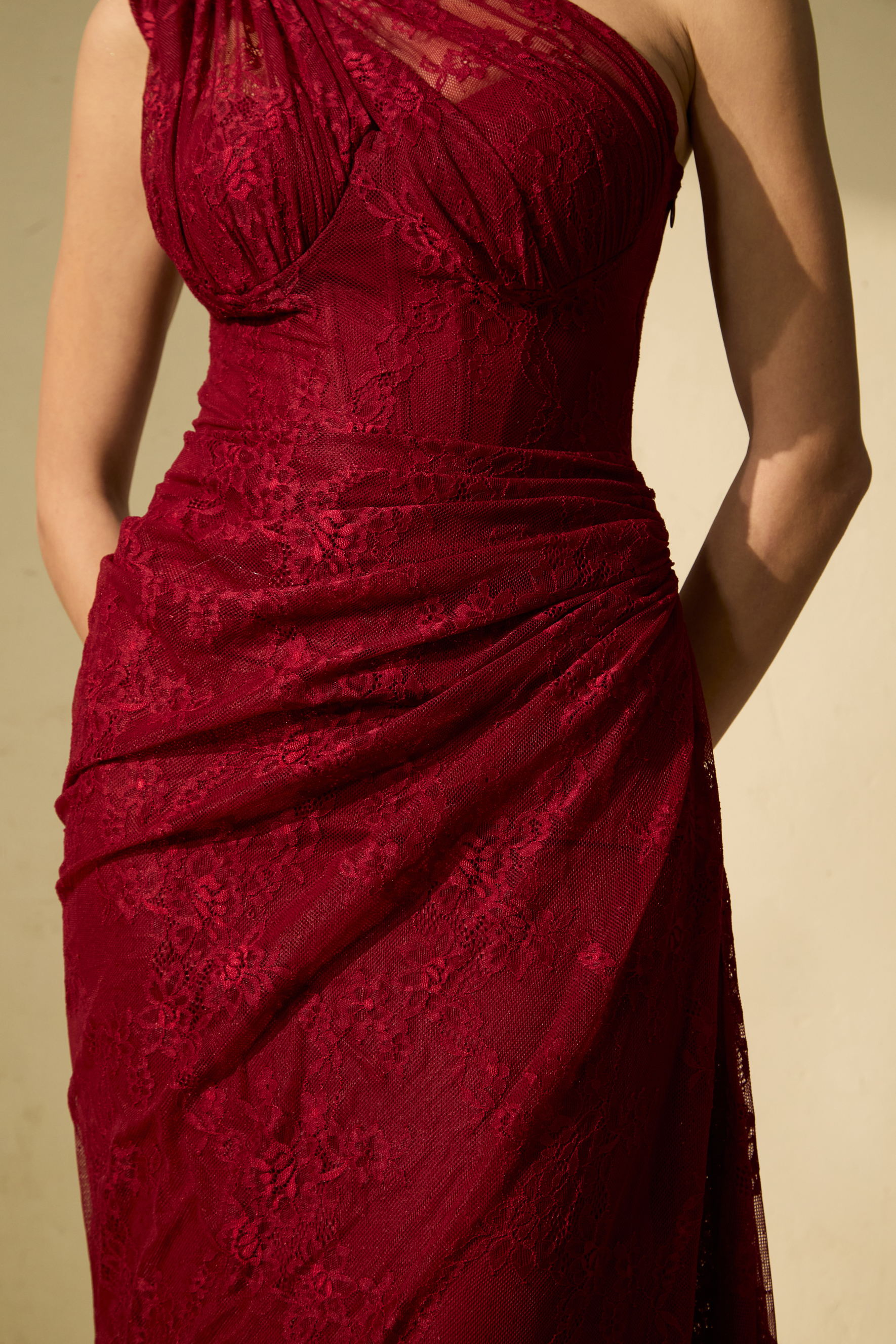 Quite Perfect Red One-Shoulder Lace Corset Maxi Dress