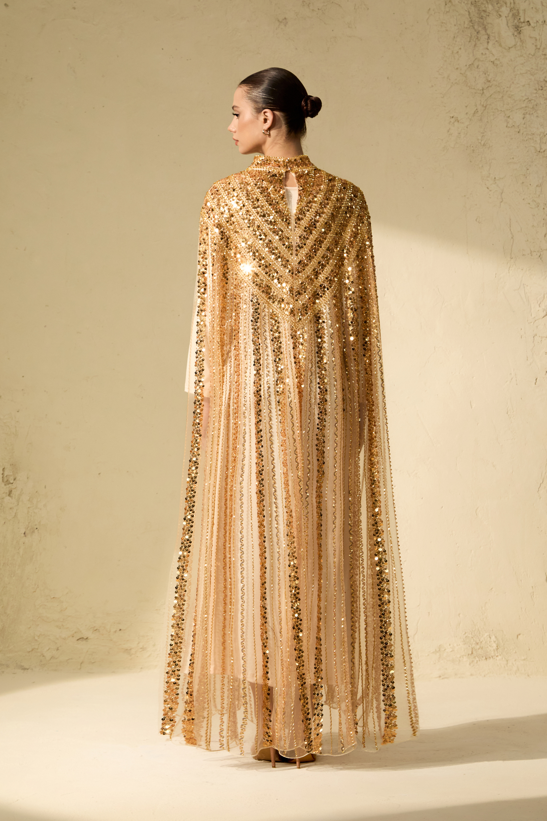 Shining Luxury Gold Chevron Sequin Tulle Maxi Dress