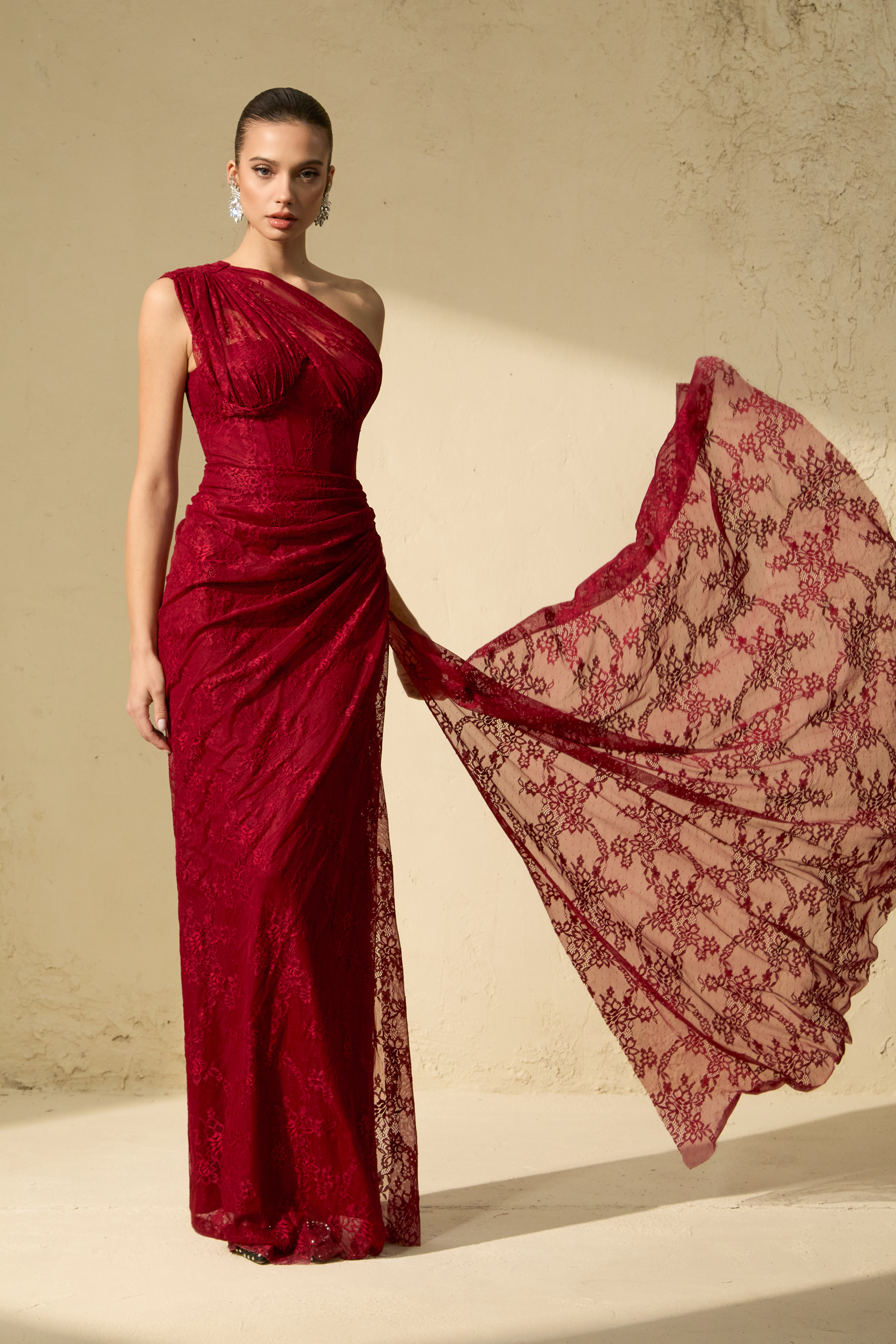 Quite Perfect Red One-Shoulder Lace Corset Maxi Dress